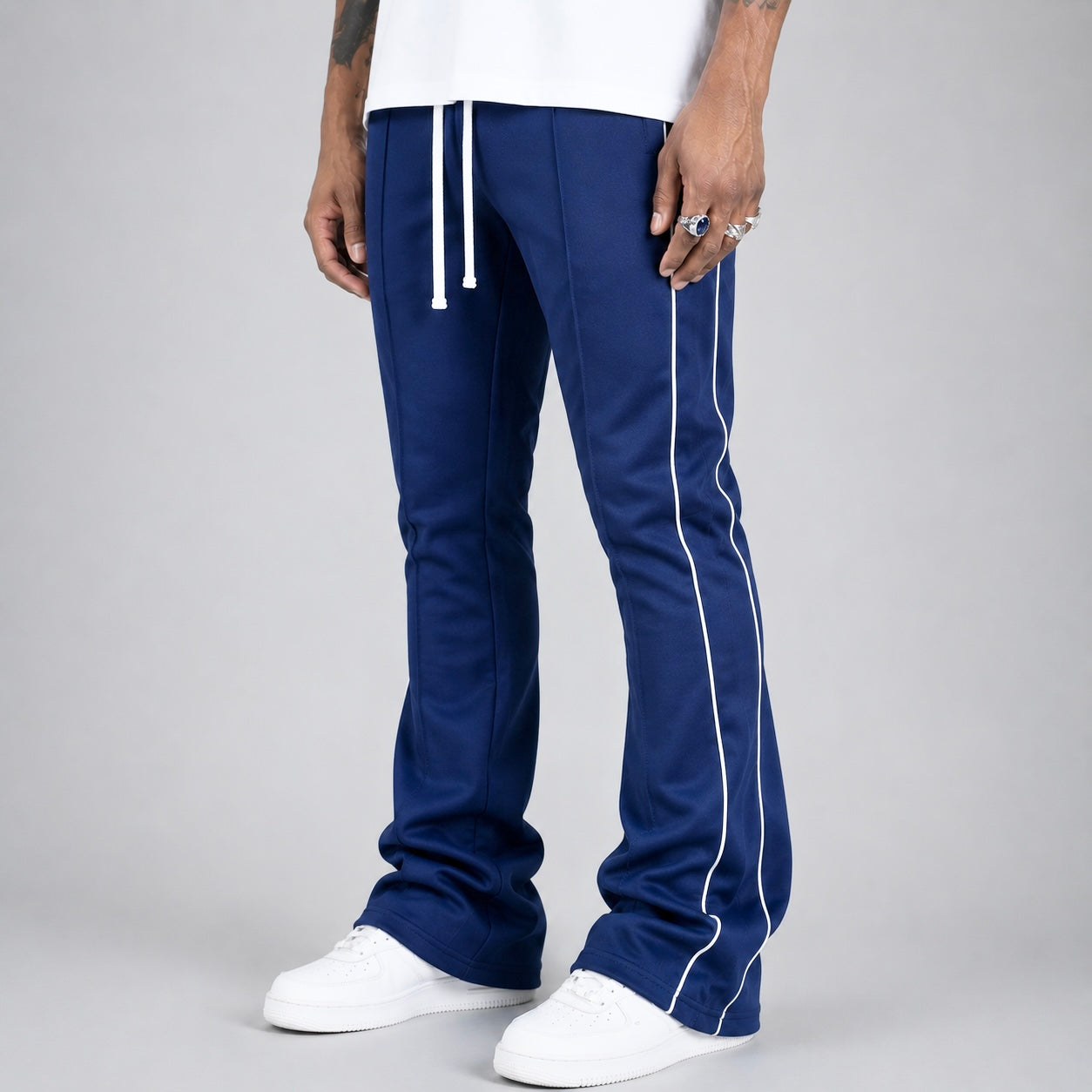 Rebel - Track Stacked Flare Pants  - Navy - 470 570
