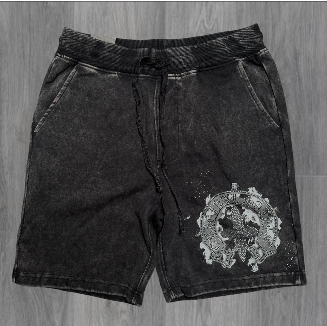 Rebel - OR Saint Rhinestone Sweat Shorts - Acid Black - 963