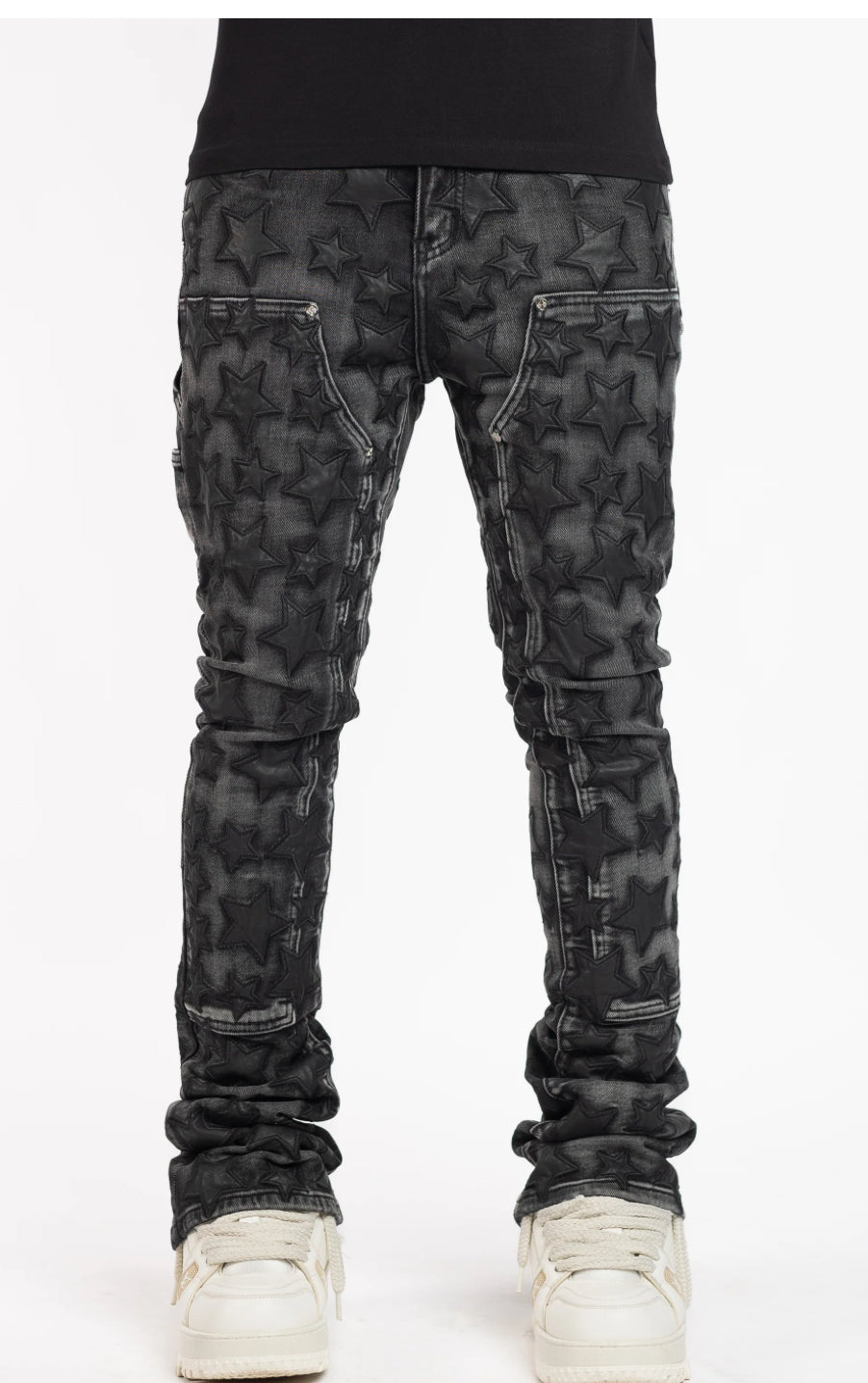 Guapi Stacked Stars Denim w chain Black