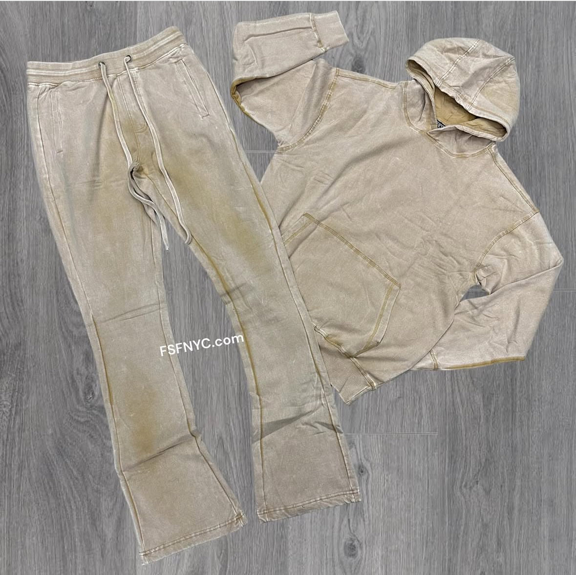 Rs Acid washed Stacked Pullover hoodie set Beige 301 401