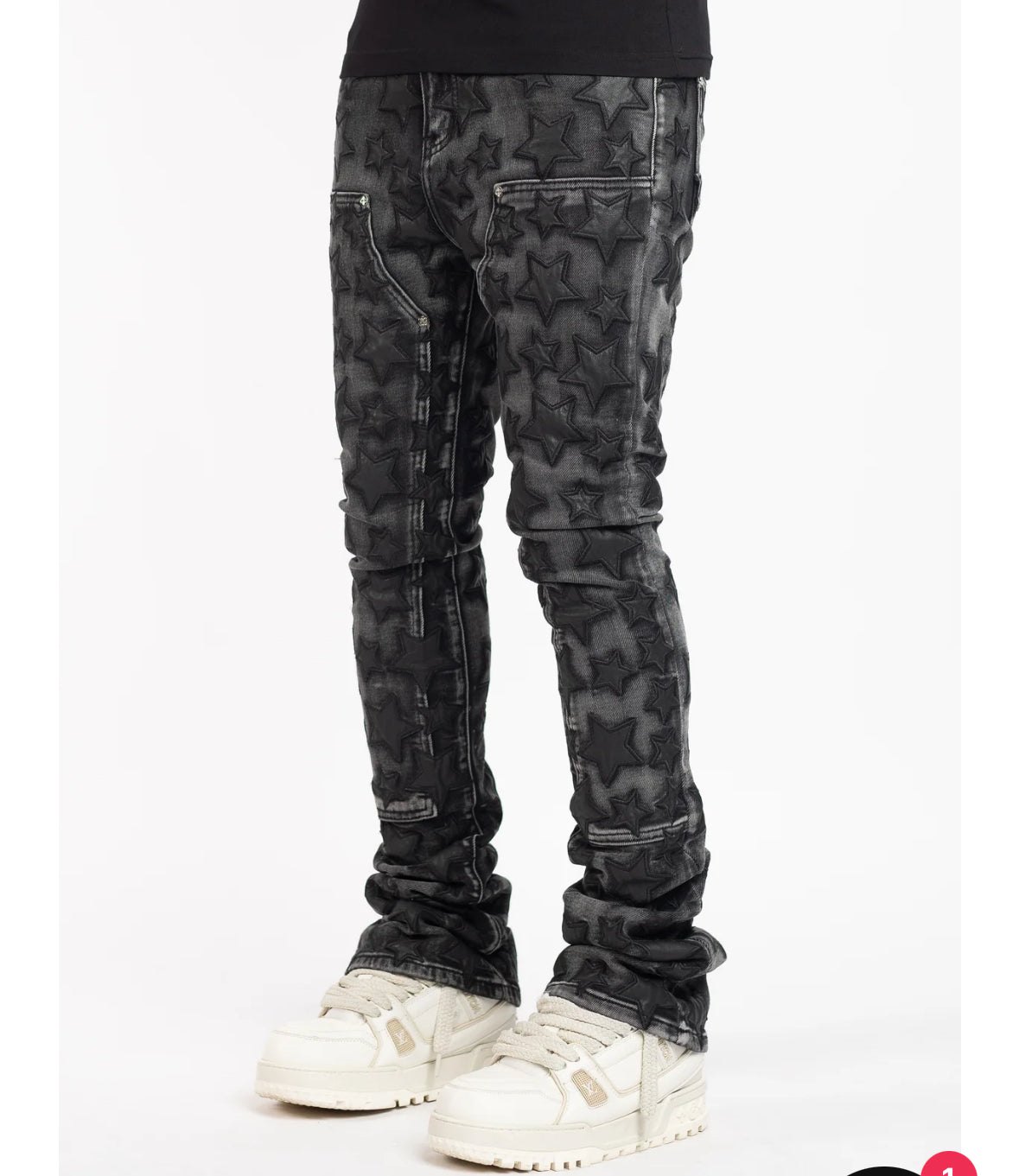 Guapi Stacked Stars Denim w chain Black