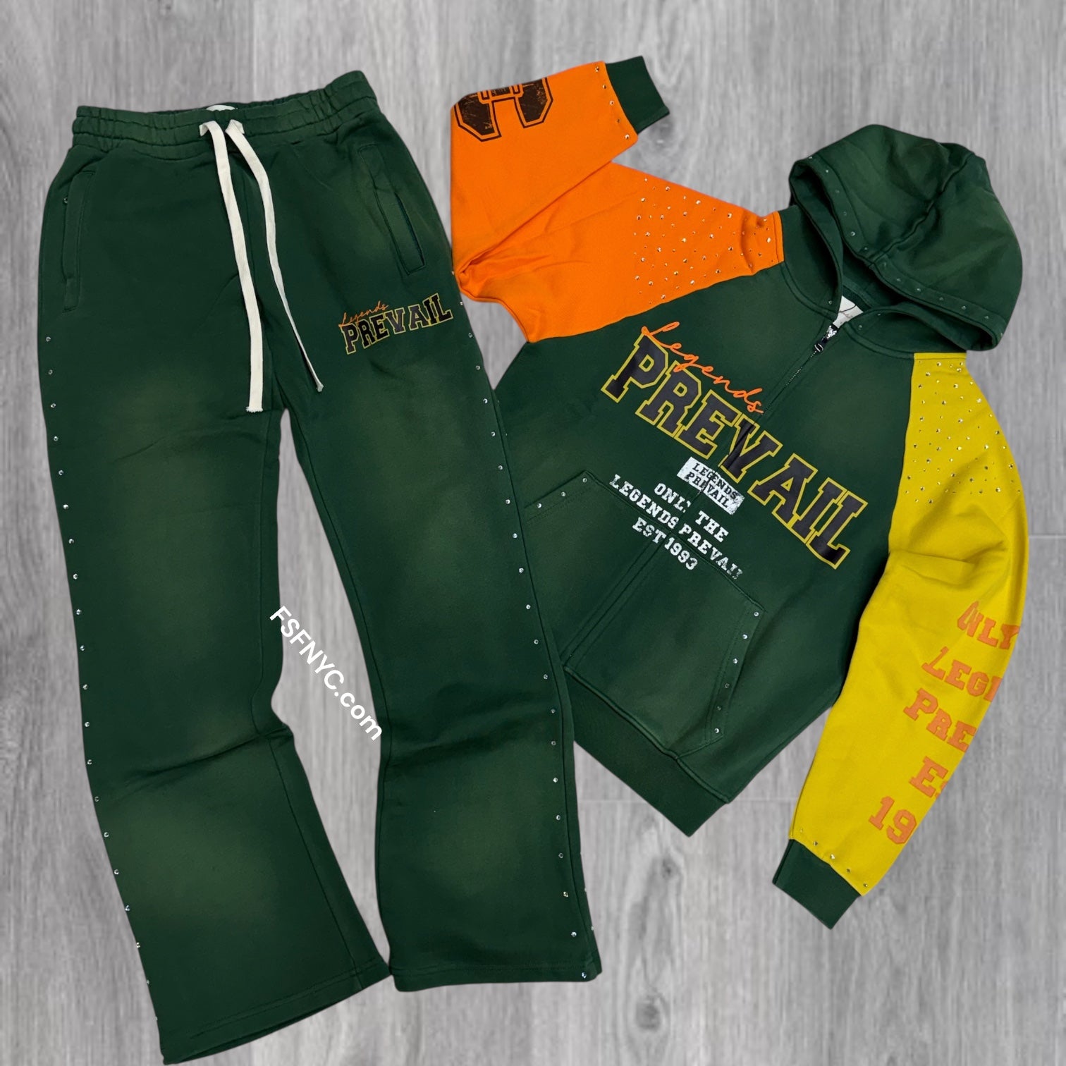 Prevail - Rhinestone Block Sweat Suit - Green - 108