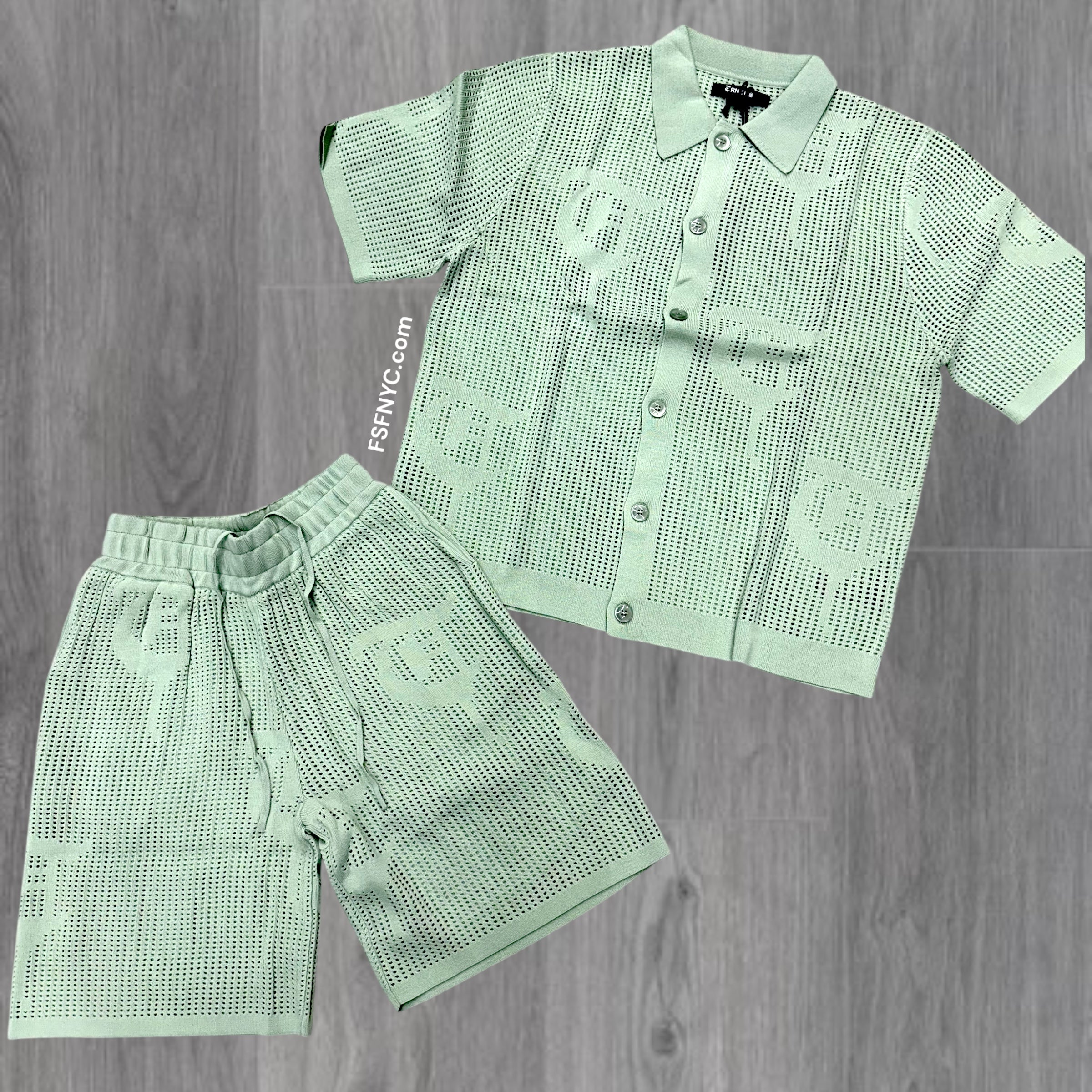 TRNCHS knitted Button down Short Set Green