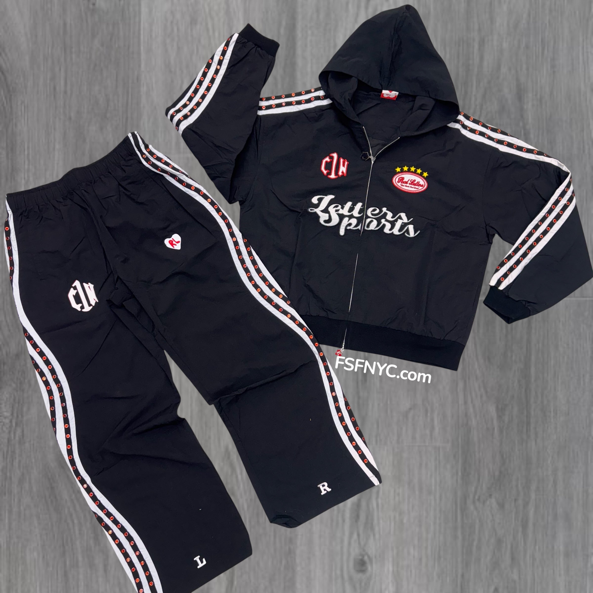 RL Rhinestone Nylon Zip Up Set Black