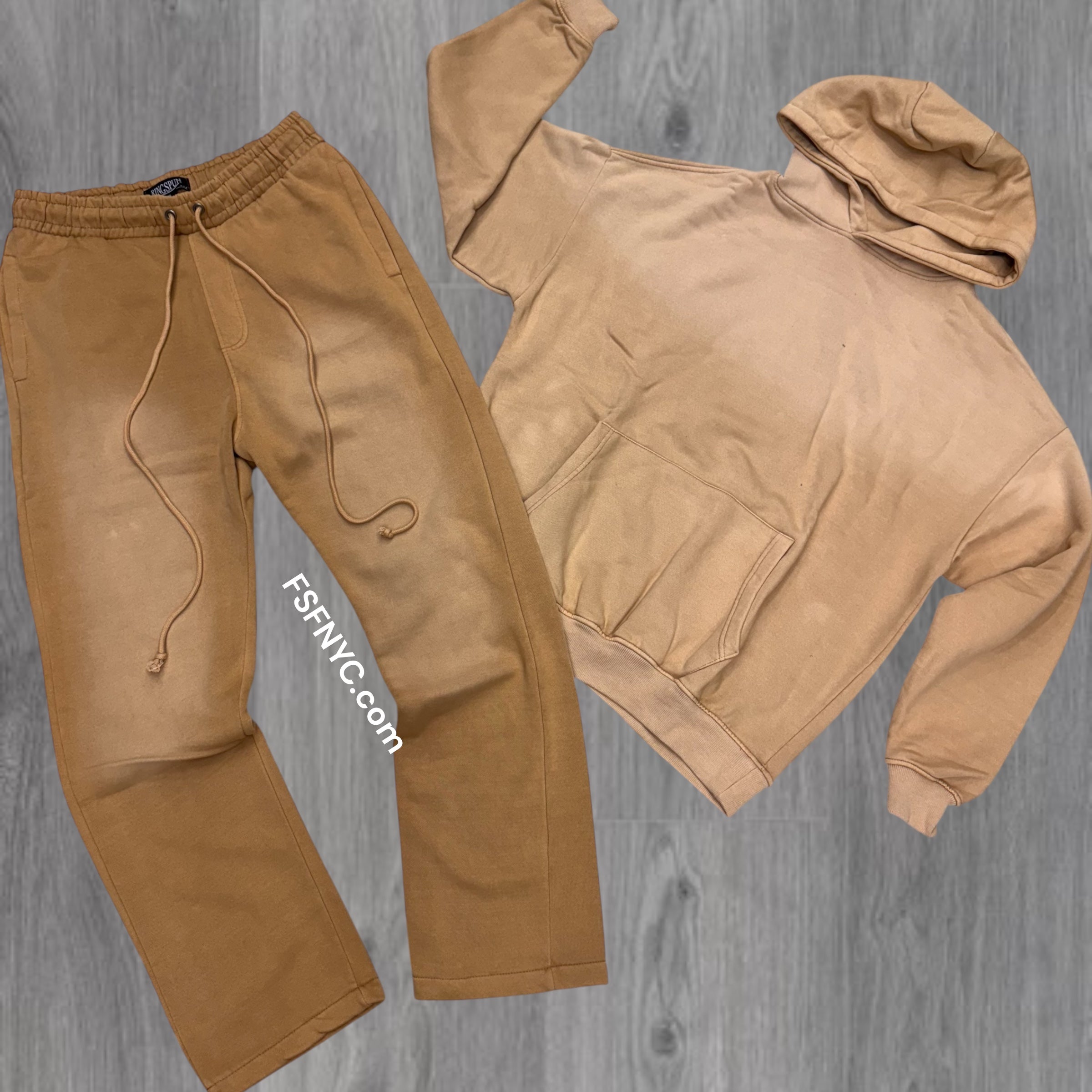 Rebel-Over Sized Acid Wash Stacked Sweat Suit Biege 411 311
