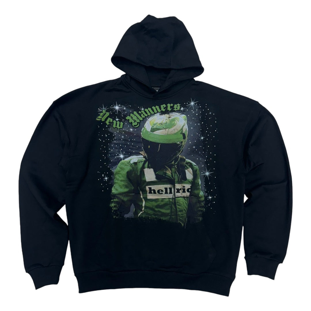 Manners Oversized Rhinestone Rider Hoodie Black Green