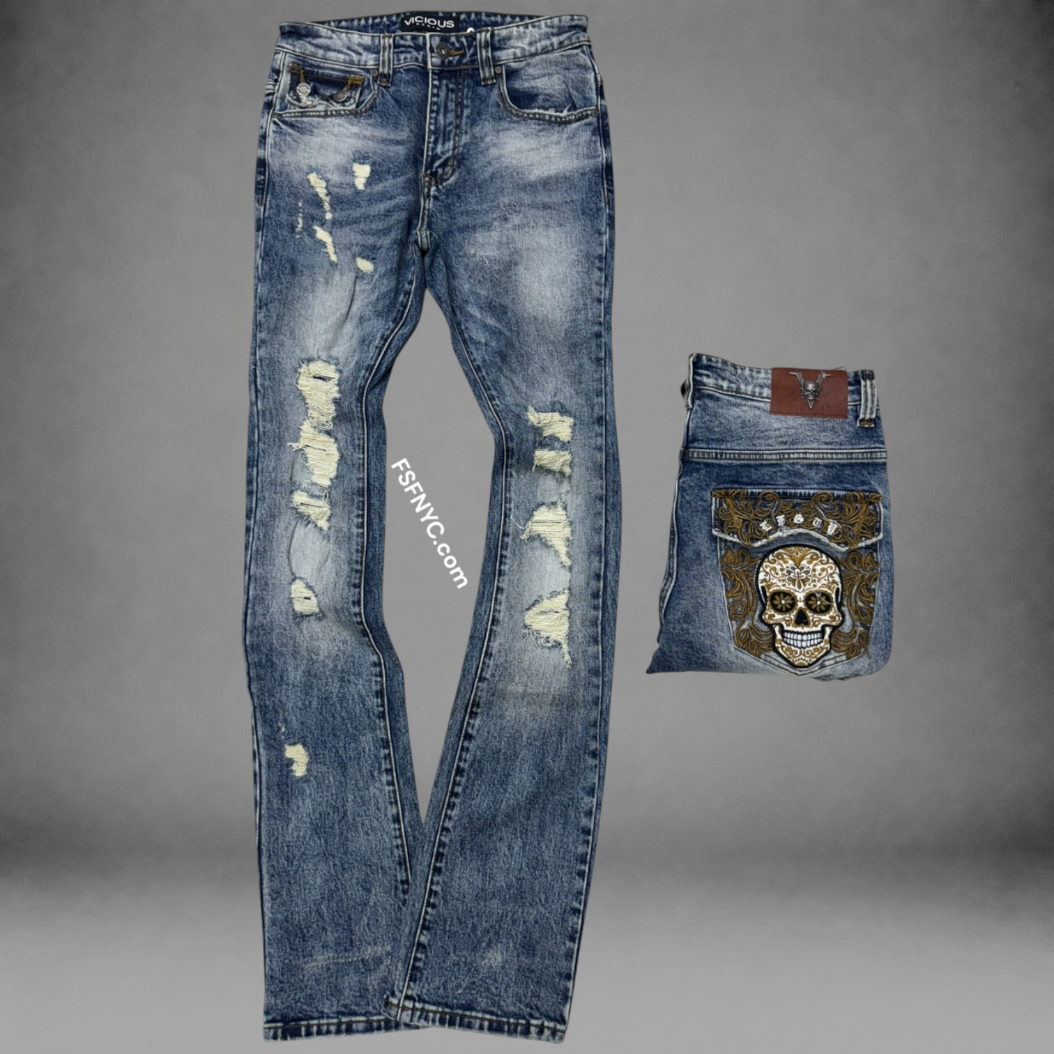 Vicious -Flare Distress denim w/stitching on back pocket - Indigo - VC1223