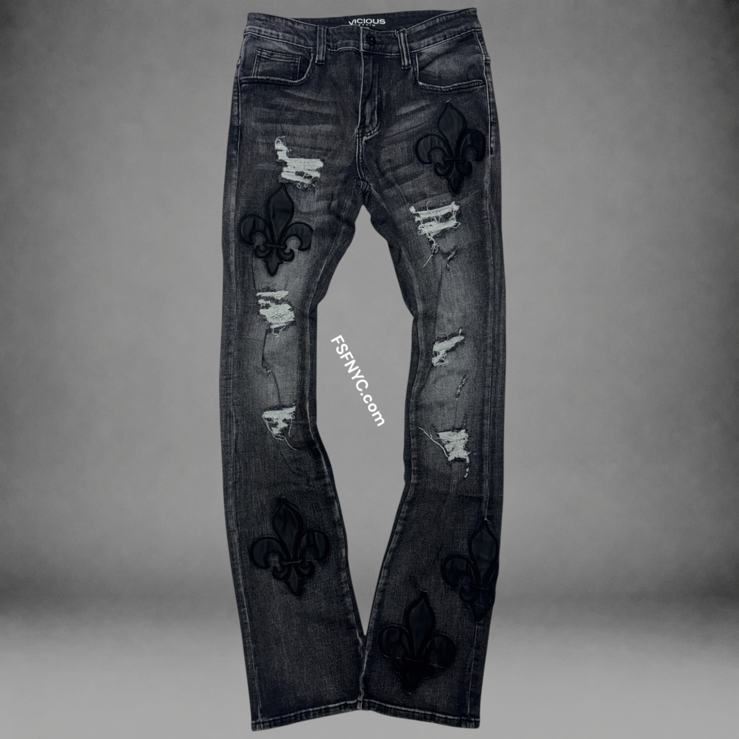 Vicious - Flare Denim w/Patches - Black- VC1102