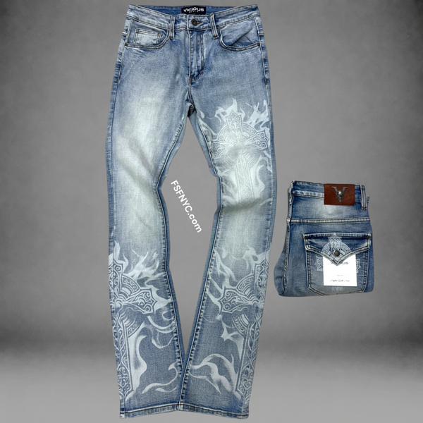 MLVINCE】DISTRESSED FLARE JE 32インチ Vicious - Flare Denim w/Artwork - MD Blue - VC1136
