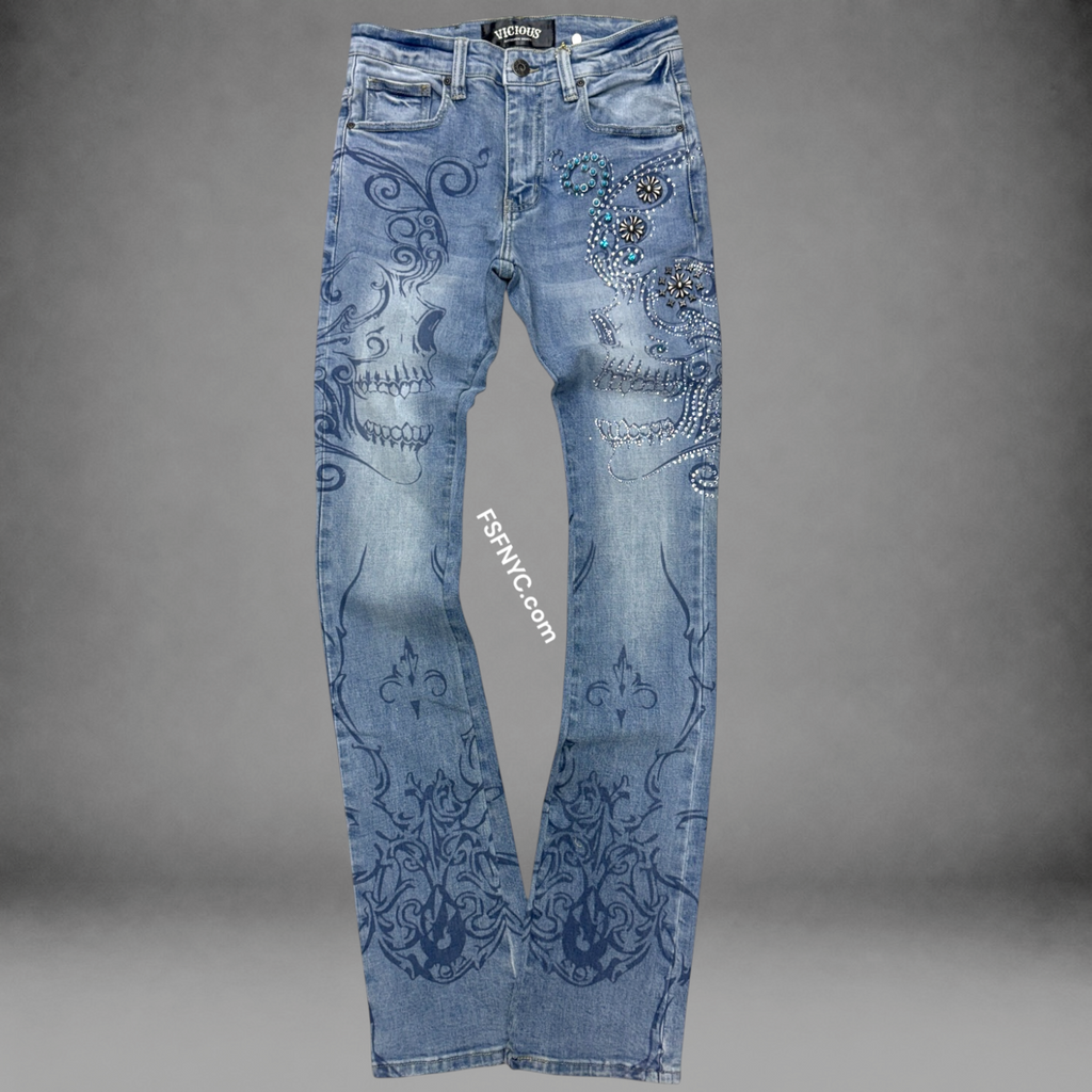 Vicious - Flare Denim Art Printed allover - MD Blue - VC1044
