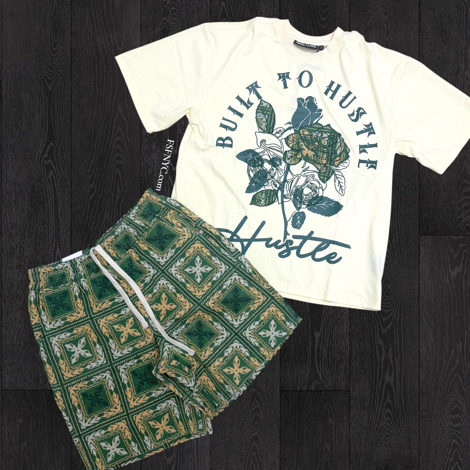 Rebel - Built To Hustle Tapestry Shorts Set - Cream Green - 910 110