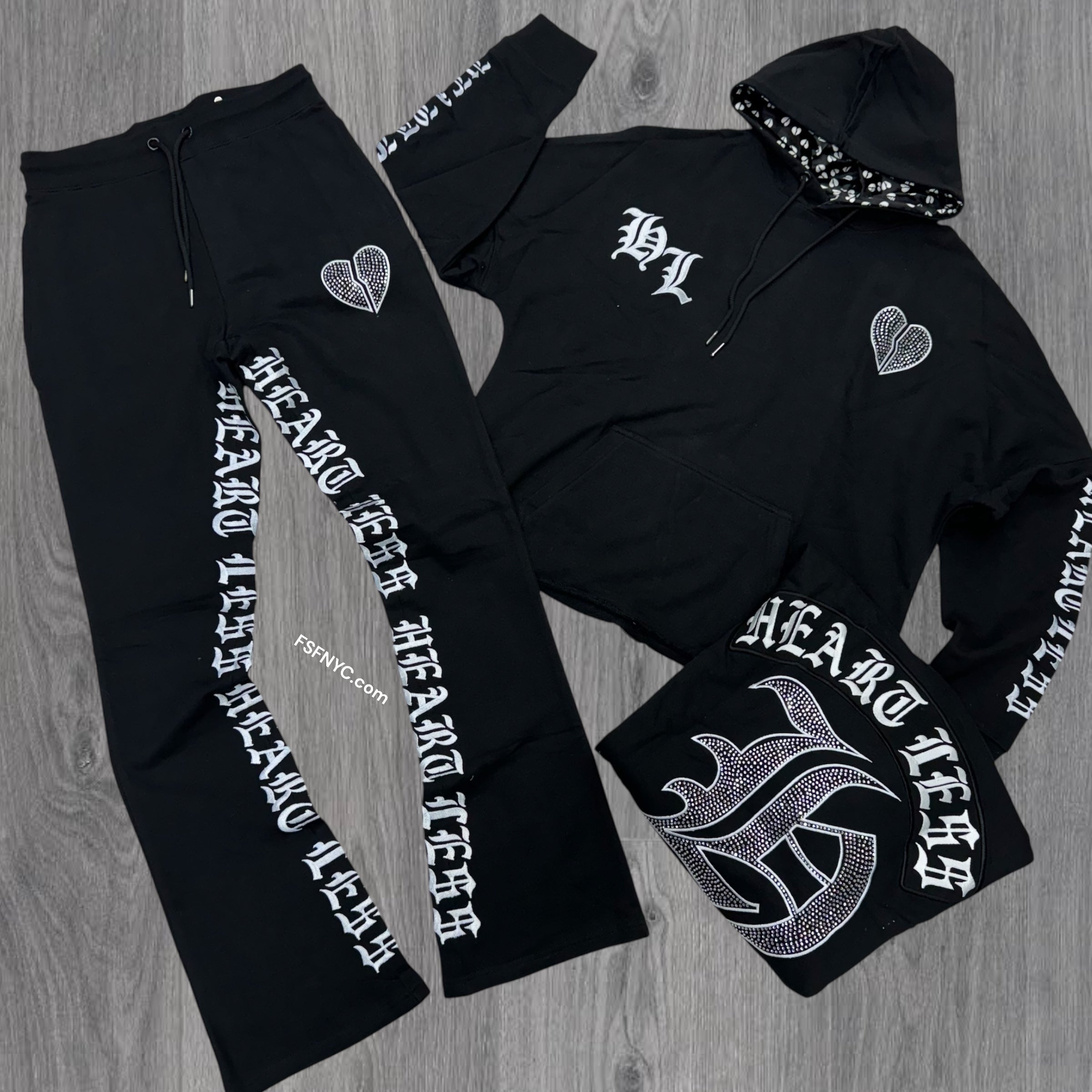 Heartless Stacked Rhinestone Cut Off SweatSuits Black 80559