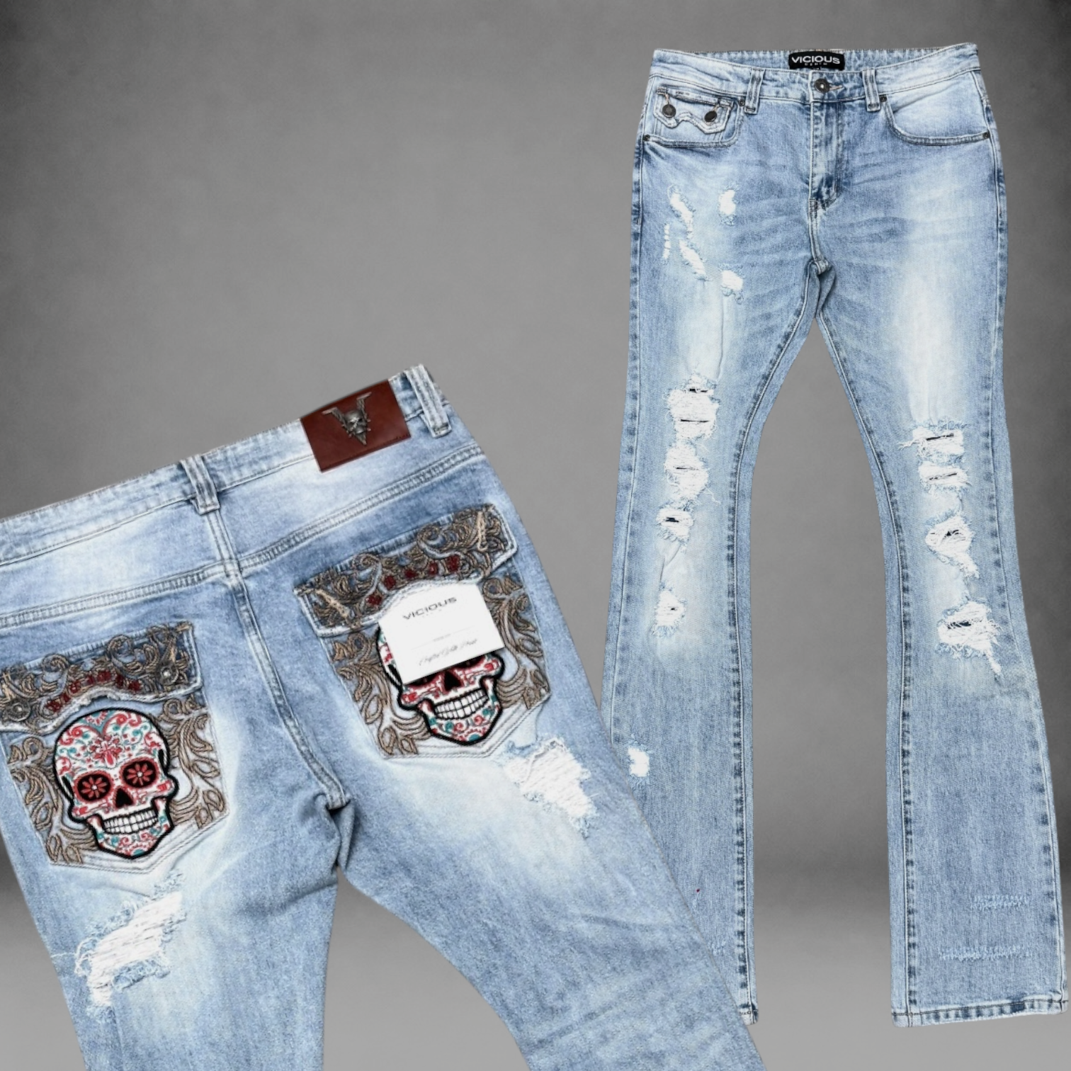 Vicious - Flare Distress Denim w/stitching on back pocket - light Blue- VC1223