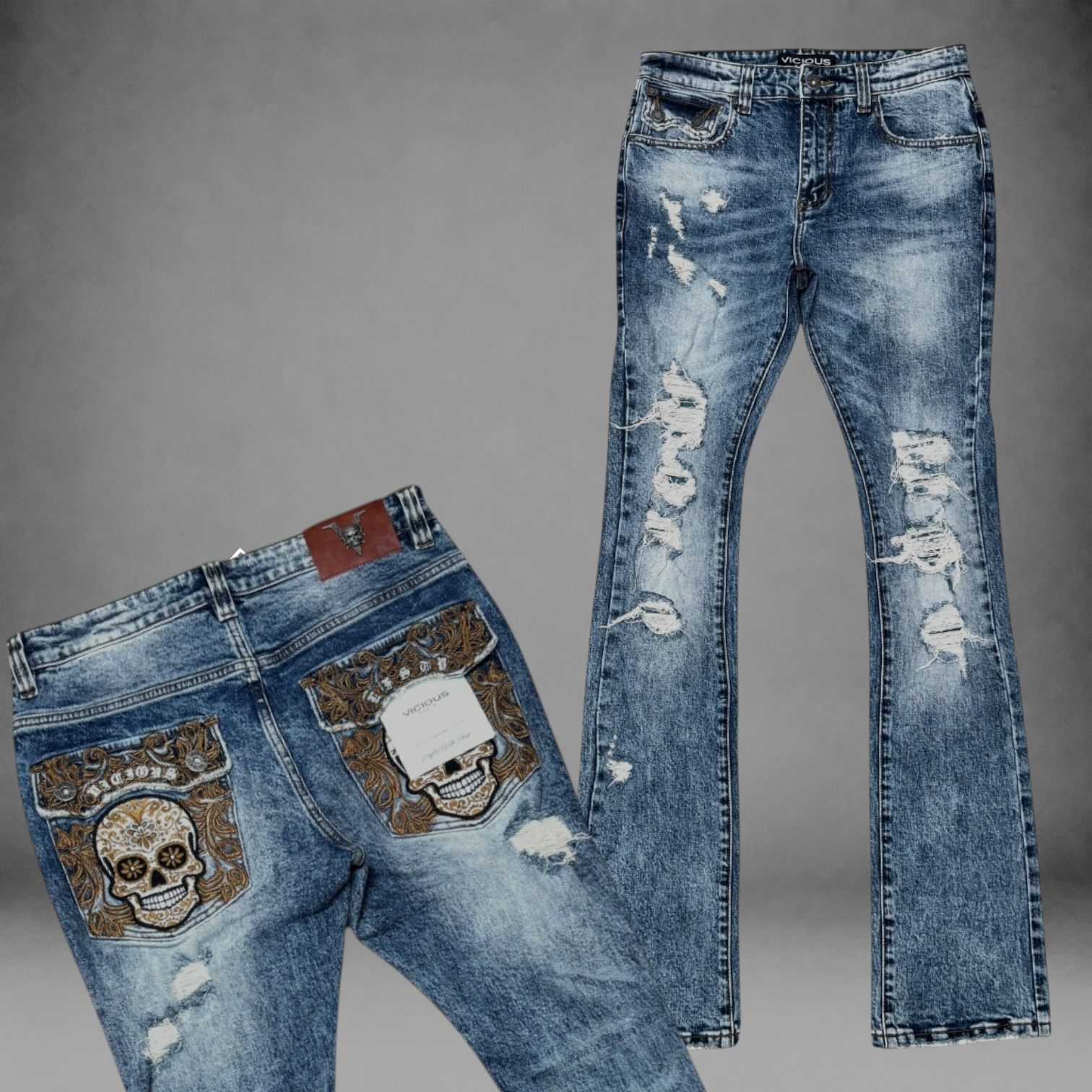 Vicious -Flare Distress denim w/stitching on back pocket - Indigo - VC1223