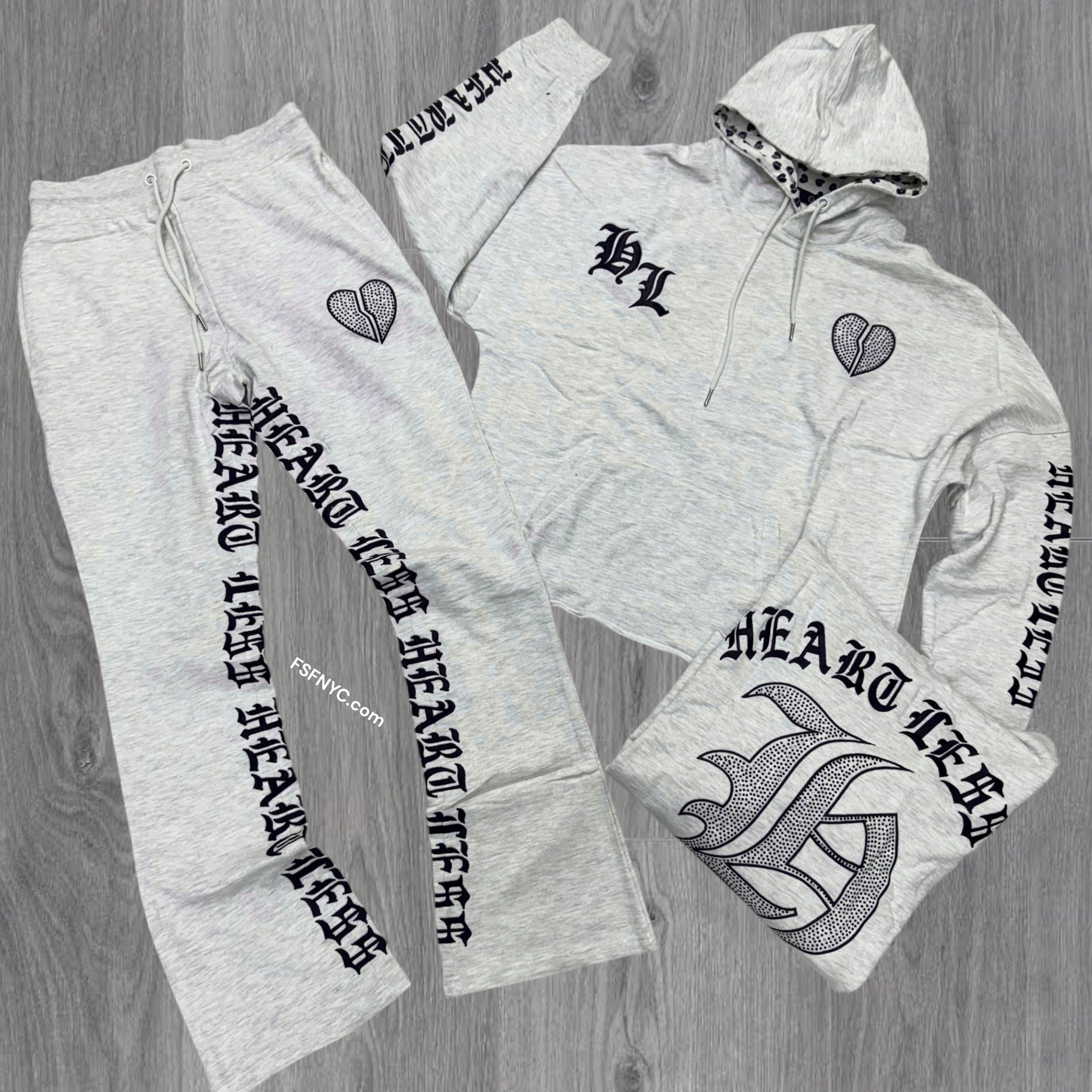 Heartless Stacked Rhinestone Cut Off SweatSuits Grey 80559