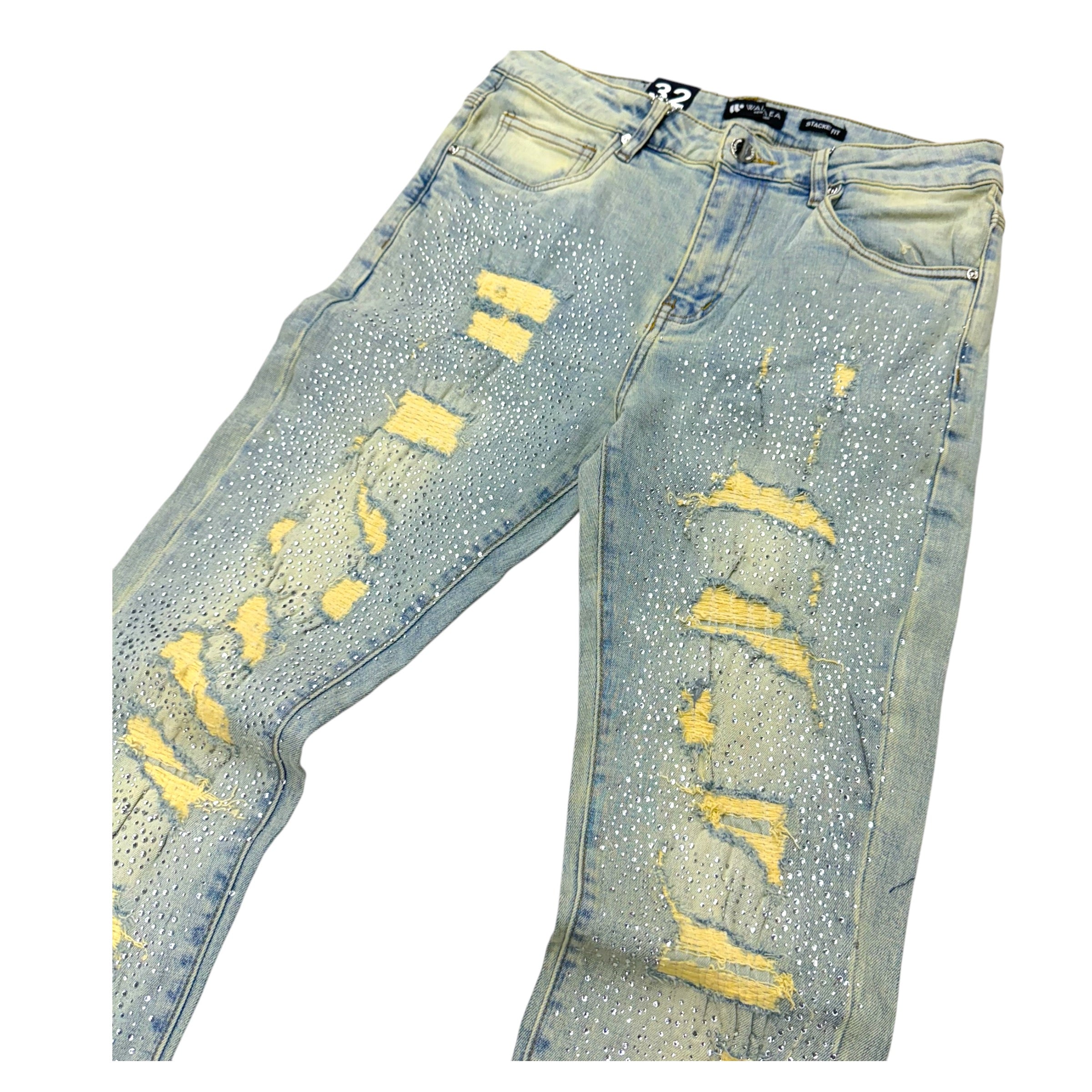 Stacked Rhinestone Denim Vintage Wash M8257D