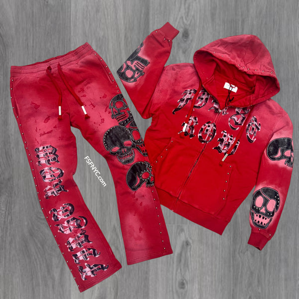 First Row- Studded Skull Zip Up Sweat Suit