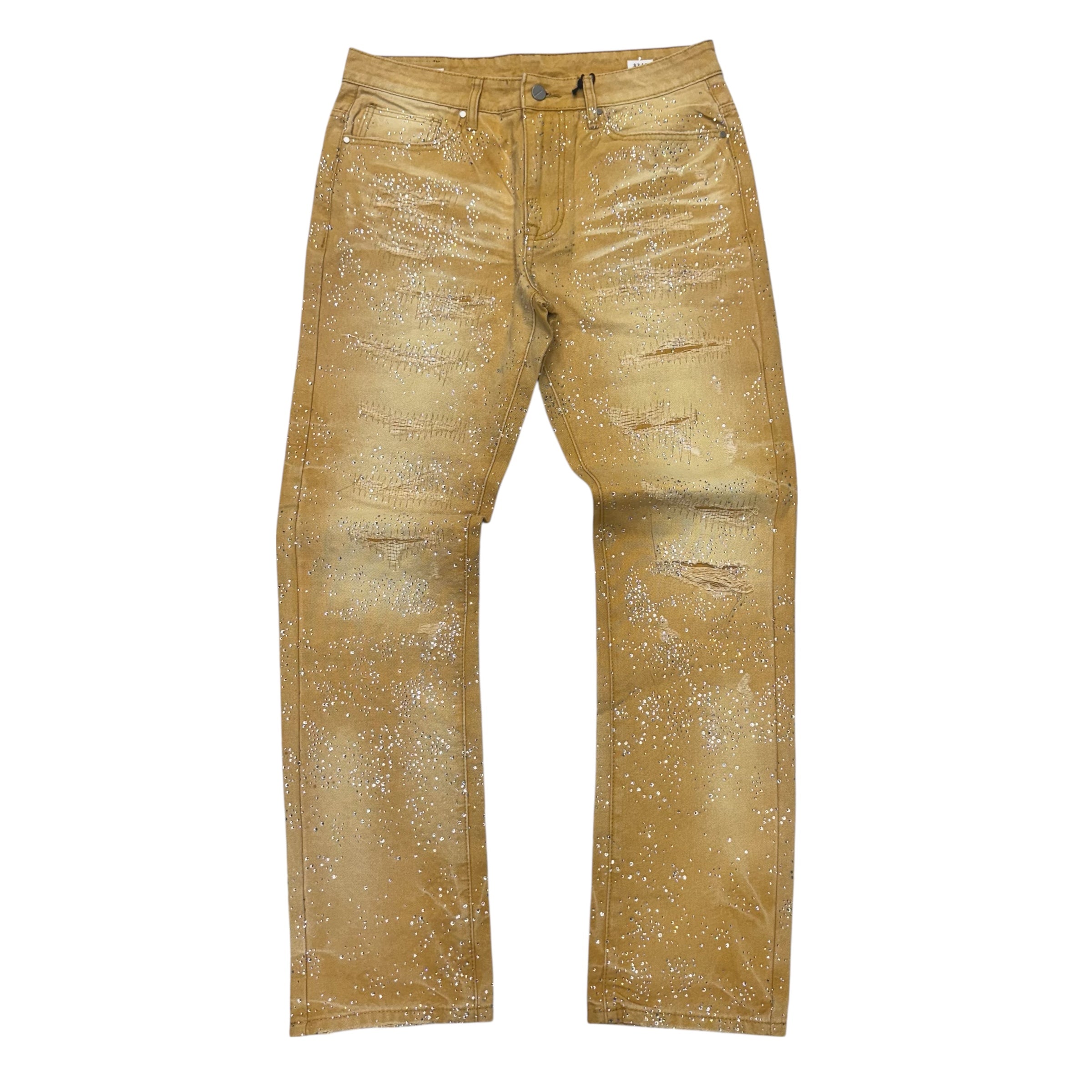First Row- Rhinestone Straight Fit Denim Wheat