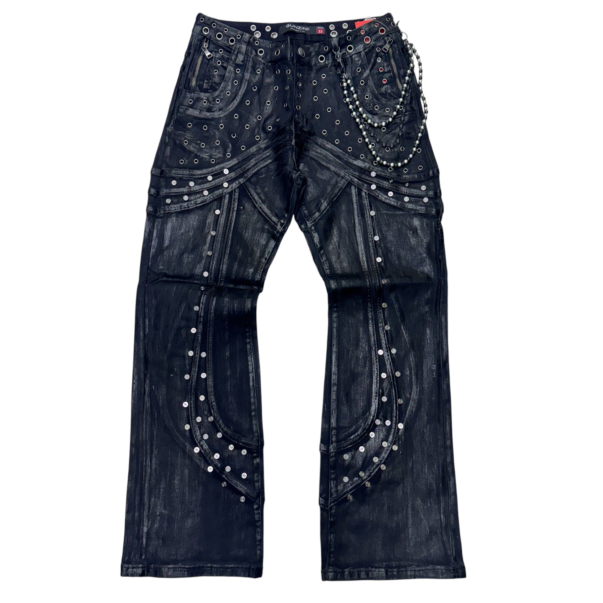 Gunzinii - Studded Flare Fit Wax Coated Denim GZ774 Jet Black