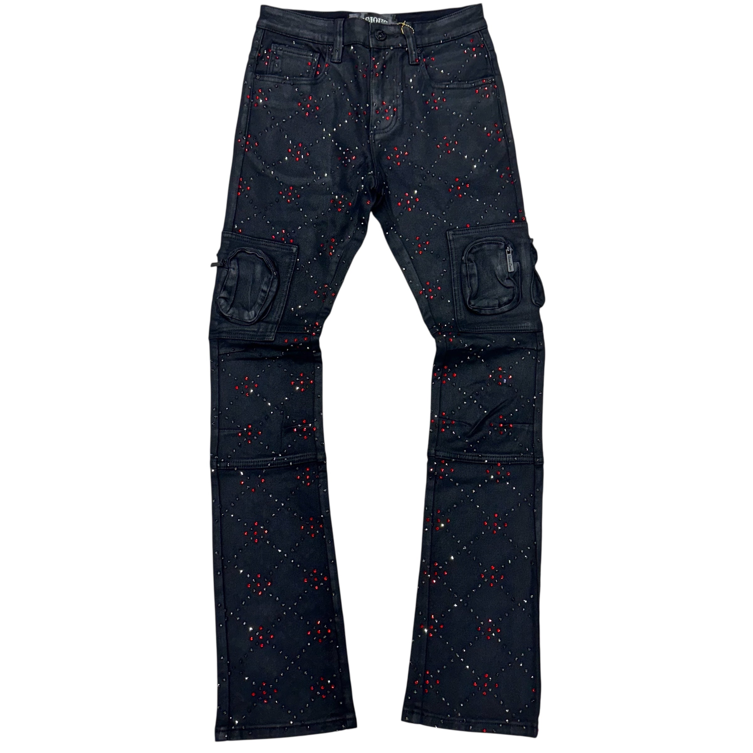 Vicious - Flare RHINESTONE Cargo Denim - Coated Black - VC755