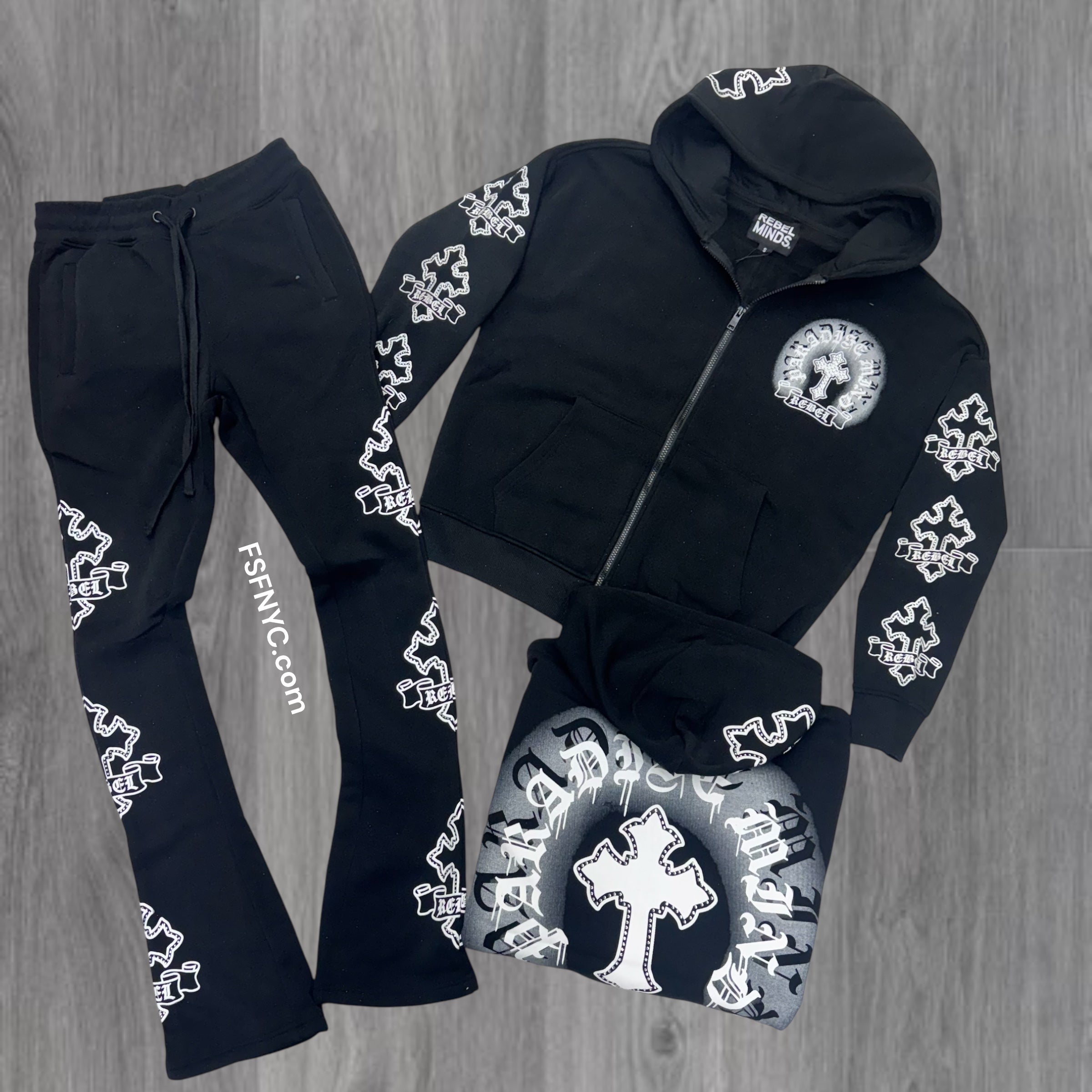 Rebel - Stacked Cross Zip Hood Sweat Suit - Black - 328 428