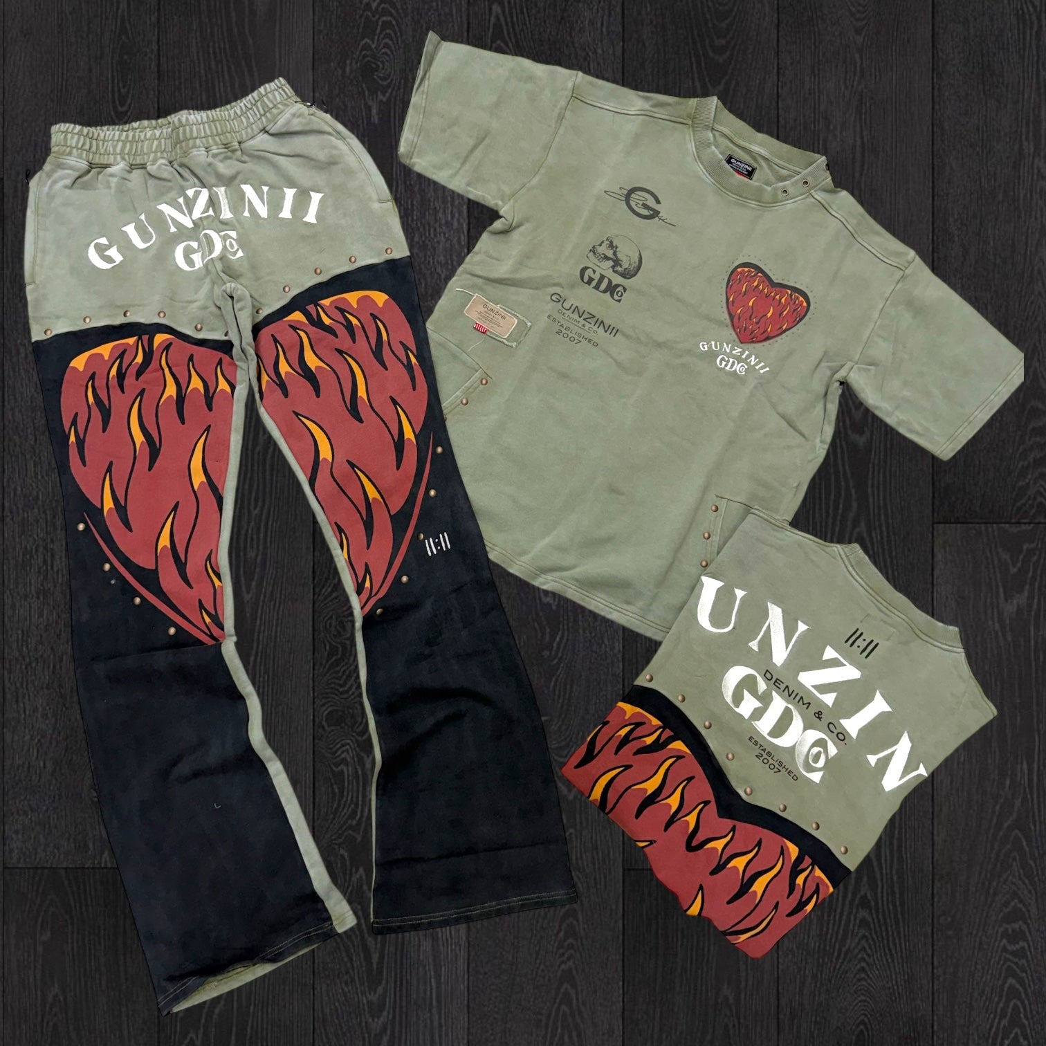 Gunzini - Stacked Pants-T-shirt Set - Olive - Gz675 676