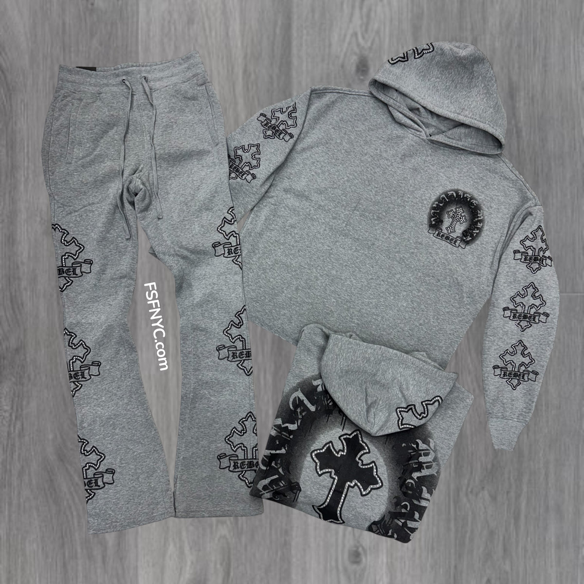 Rebel - Stacked Cross Pullover Hood Sweat Suit - L.Grey