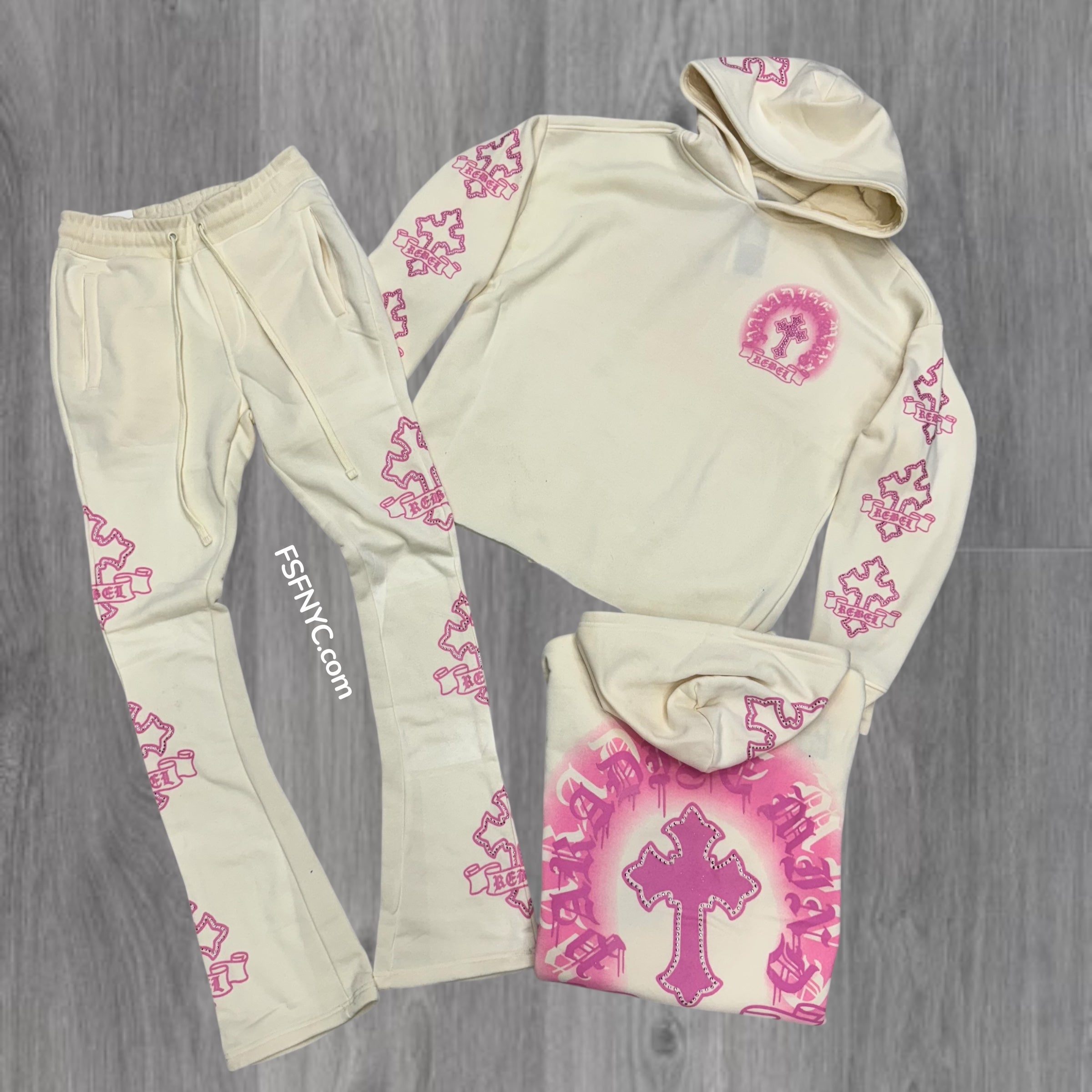 Rebel - Stacked Cross Pullover Hood Sweat Suit - CREAM - 329 428