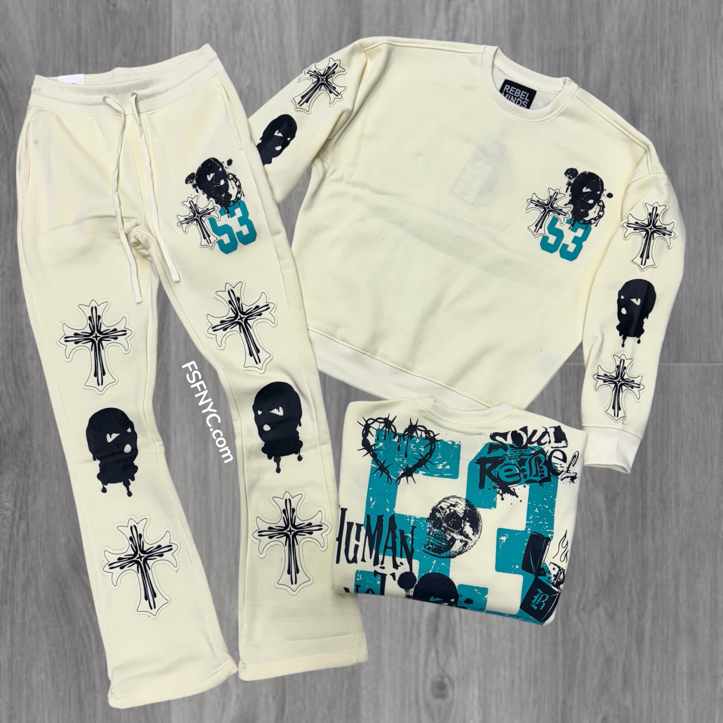 Rebel - Stacked MASK CREW Sweat Suit - Cream - 319 419