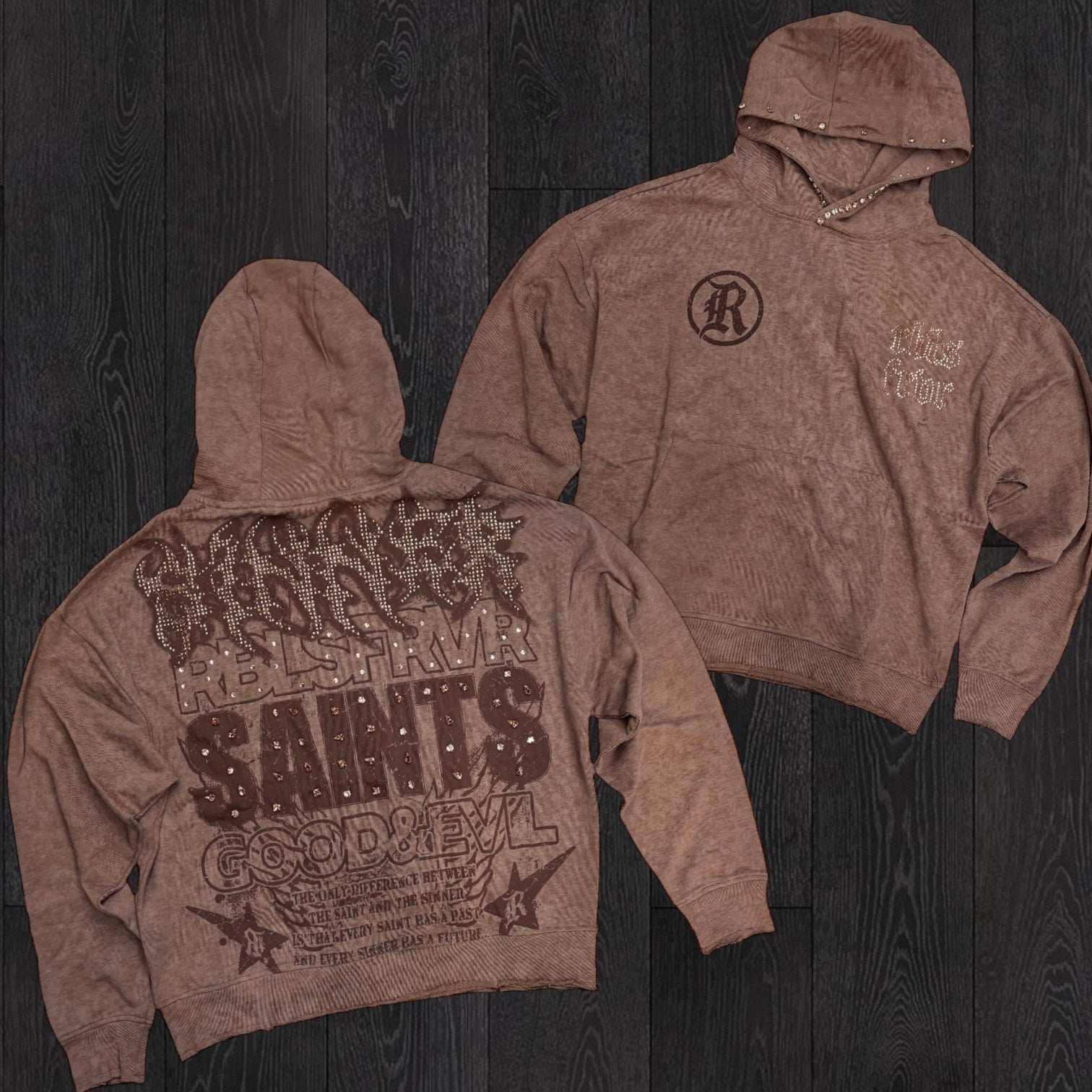 R3 - Sinner Rhinestone Hoodie - Brown - 365