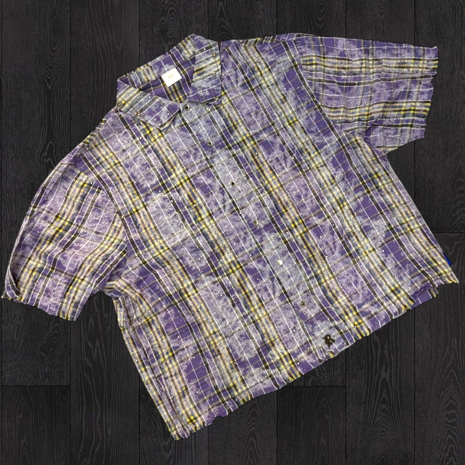 R - Plaid Rhinestone Button Down  - Purple - 32751