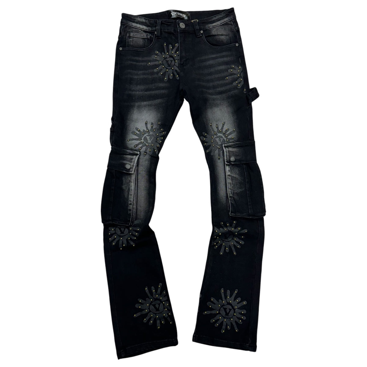 Vicious Stacked Cargo Studded Denim Black vc684