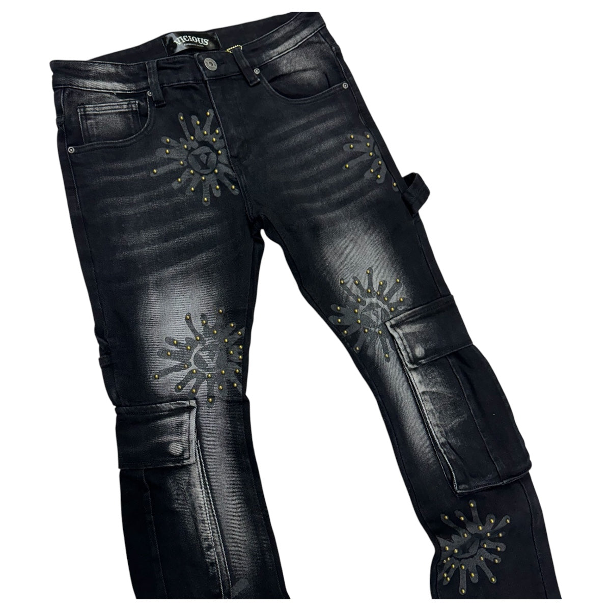 Vicious Stacked Cargo Studded Denim Black vc684