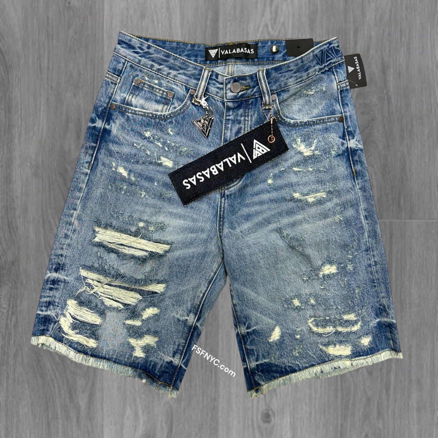 Valabasas - Clipped Distress Denim Shorts - Blue - 1034