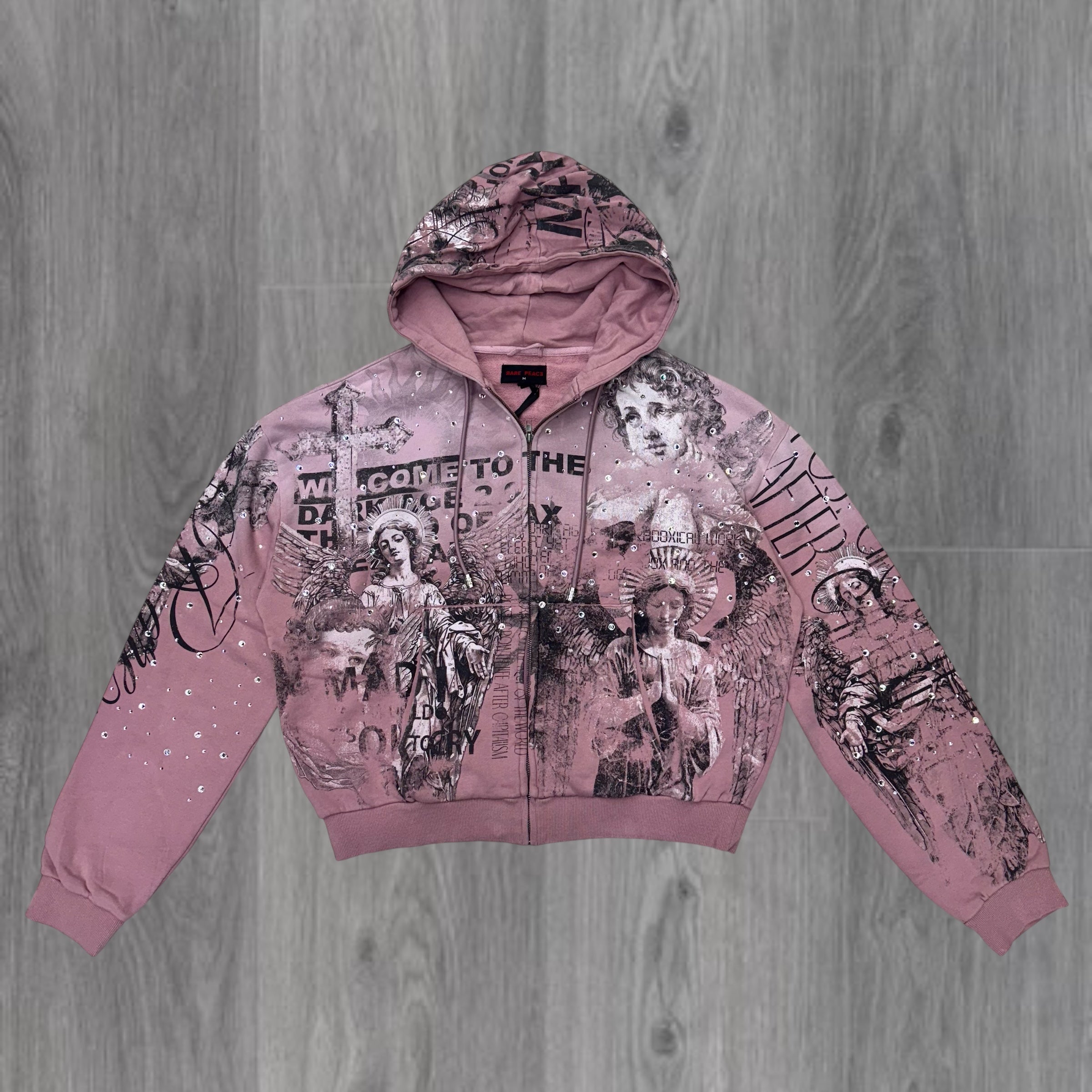 RP-Mad At The World Rhinestone Crop Zip-Up Hoodie-Pink 5043