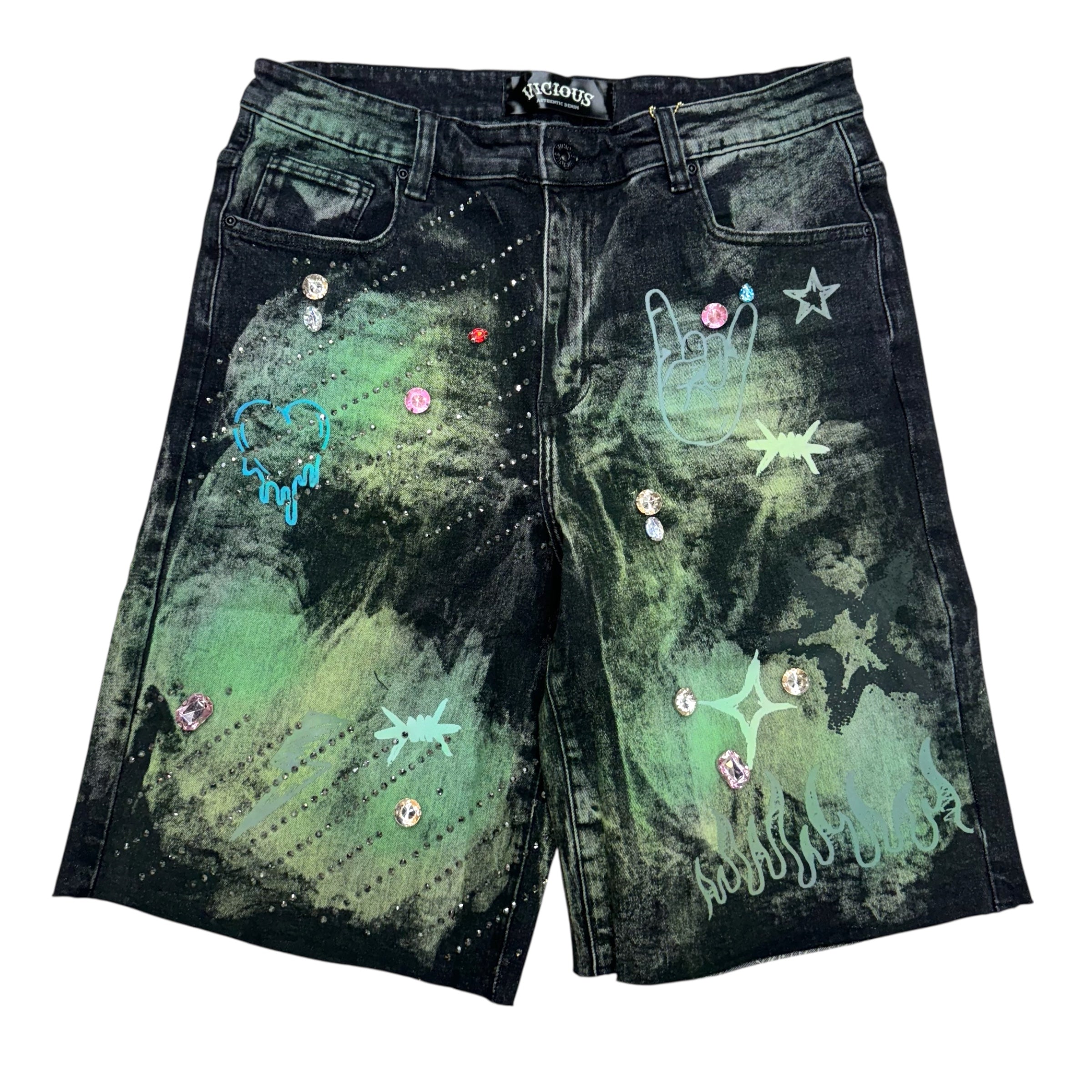 Vicious Graphic Gem Denim Shorts Black VC837