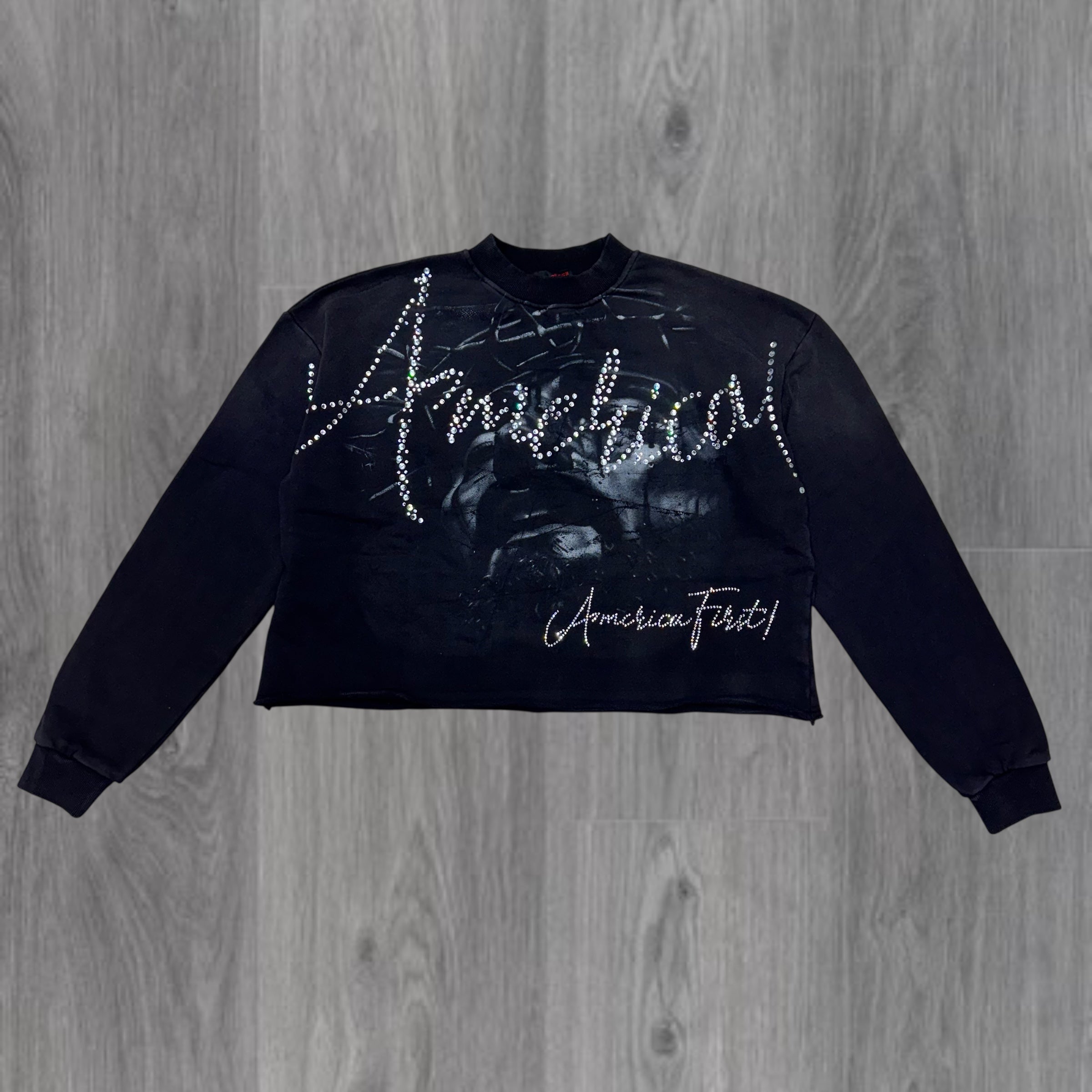 RP-America First Rhinestone Crop Crew Neck-Black 5049