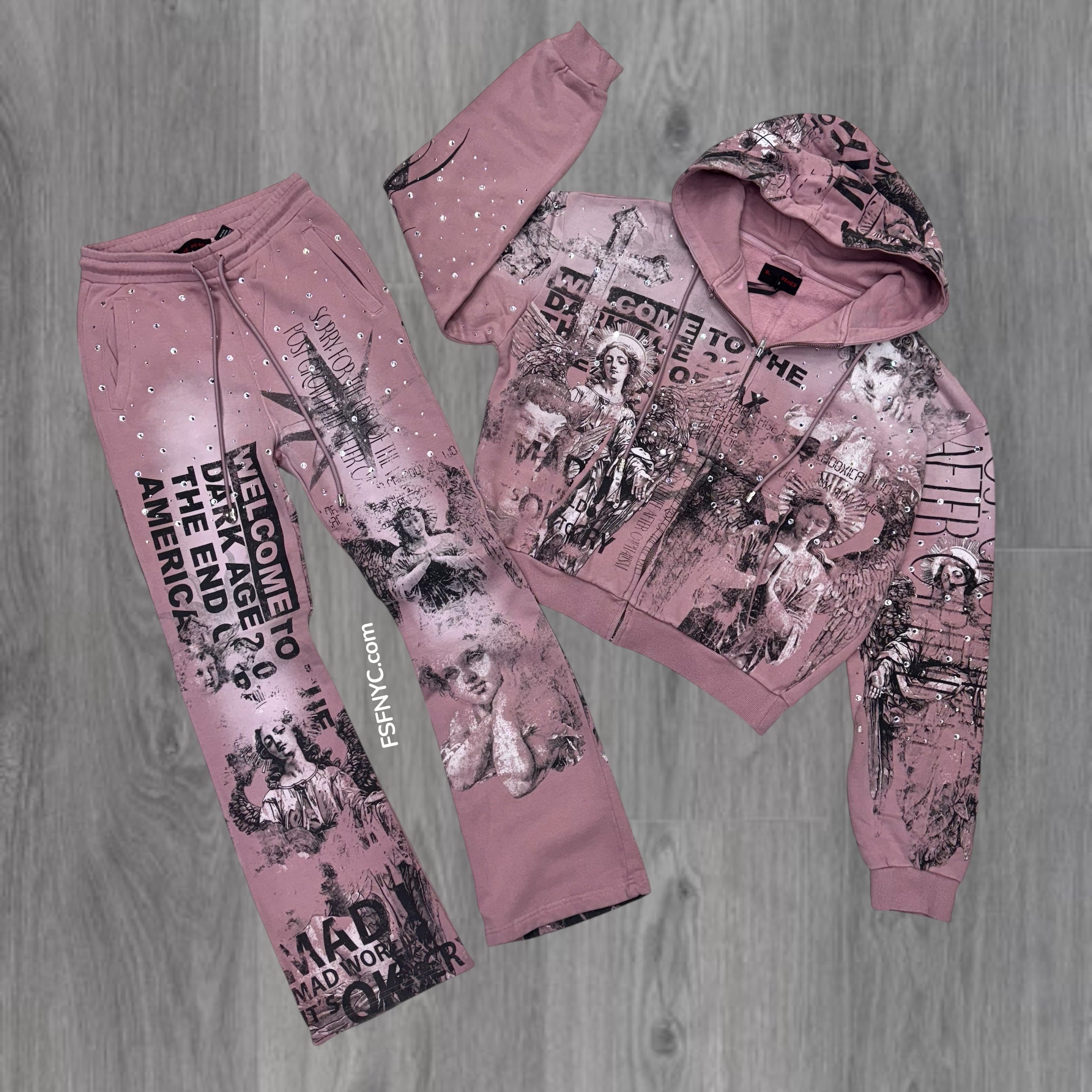 RP- Mad At The World Rhinestone Crop Zip Up Sweat Suit - Pink 5043