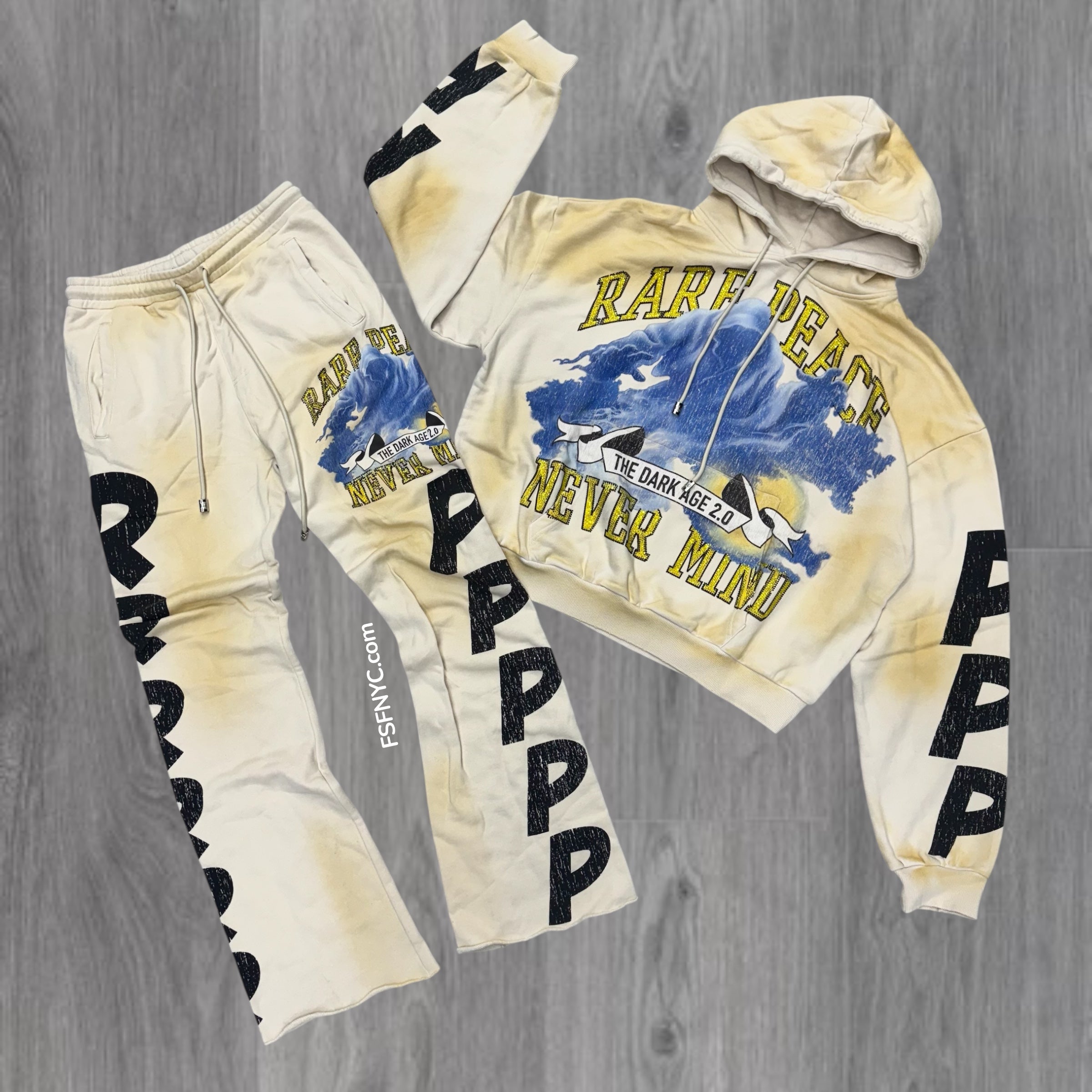 RP-Never Mind Rhinestone Pullover Stacked Sweat Suit -Ecru 5038