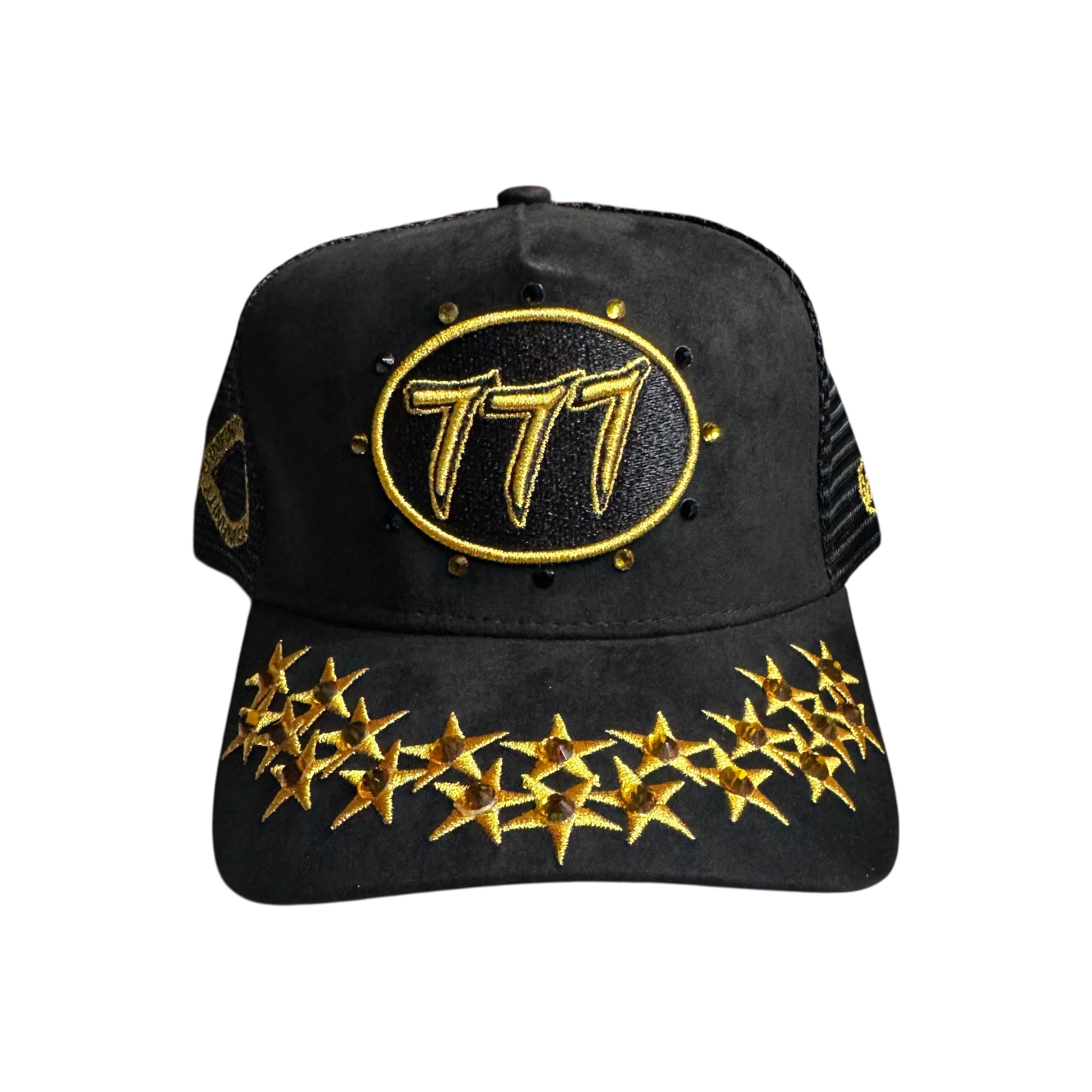 Hudson-Rhinestone Suede 777 Trucker Hat-Black/Gold