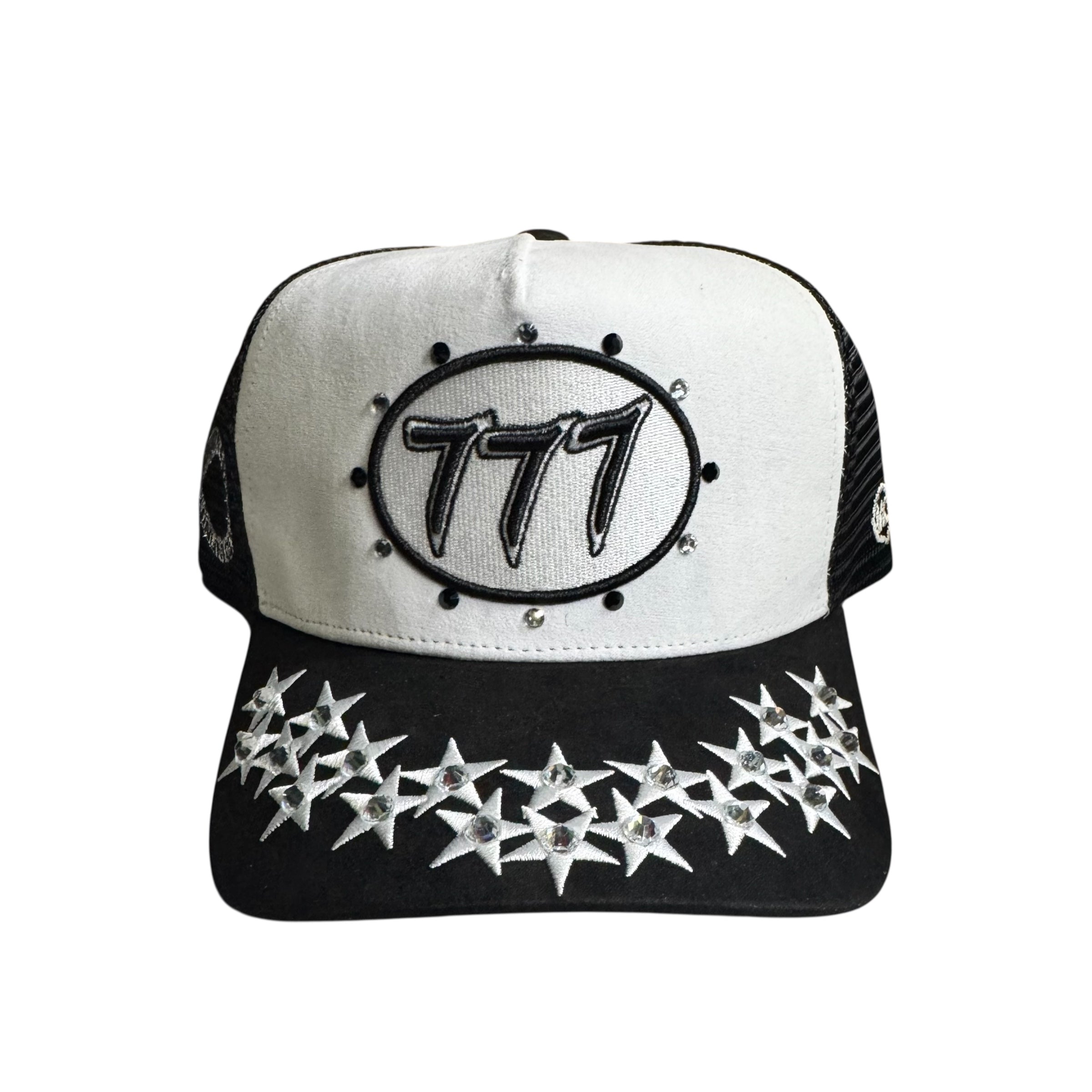 Hudson-Rhinestone Suede 777 Trucker Hat-Black/White