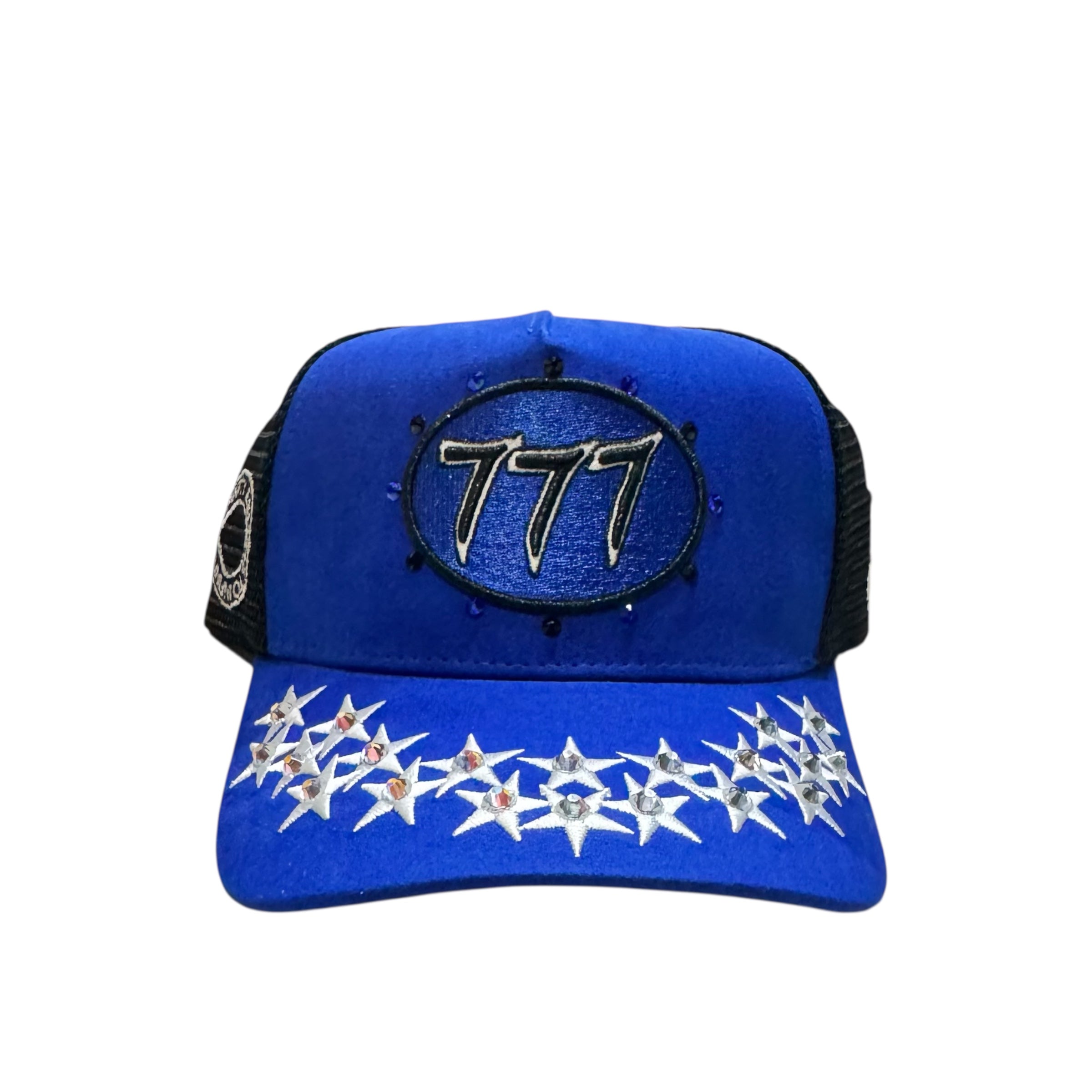 Hudson-Rhinestone Suede 777 Trucker Hat-Royal Blue/Black/White