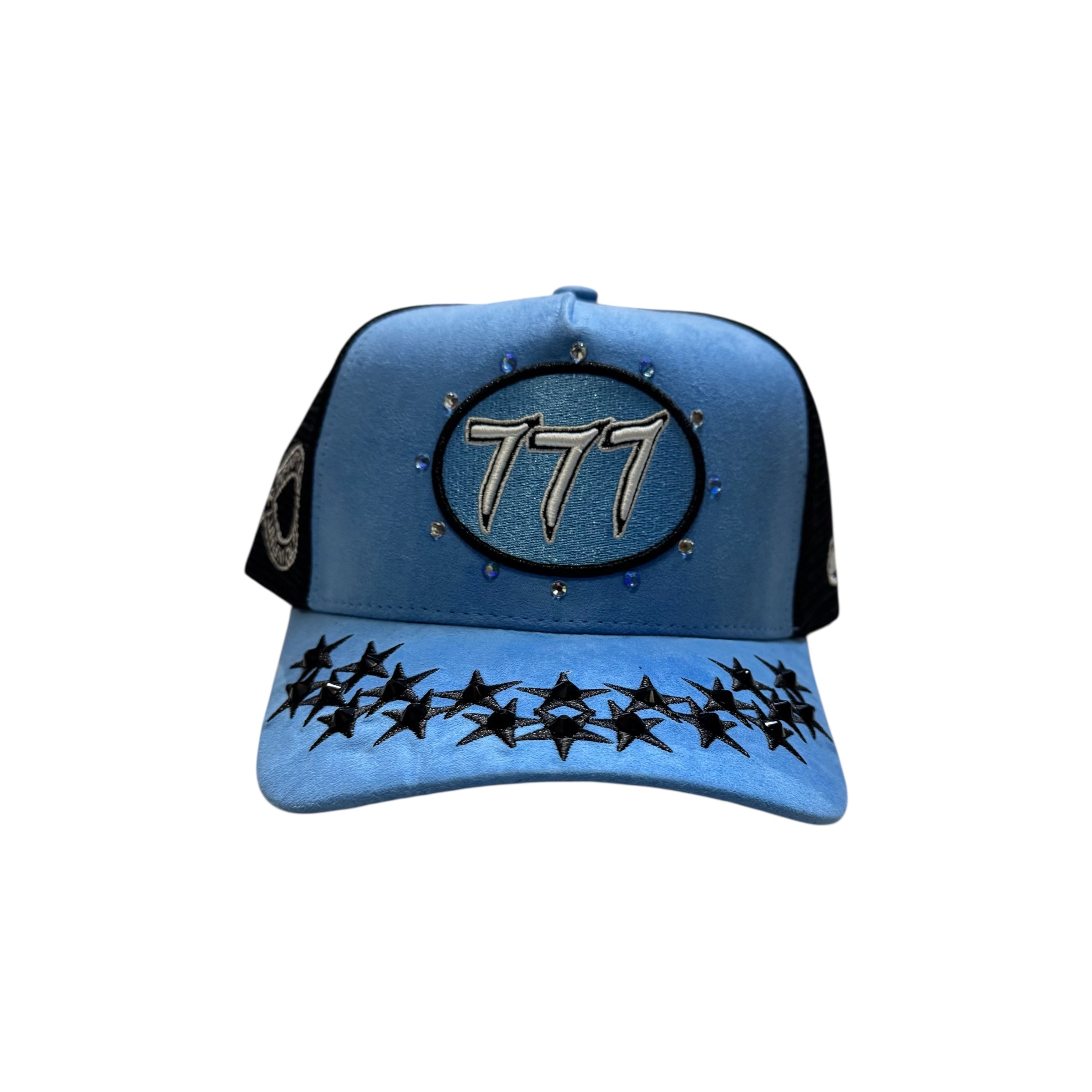 Hudson-Rhinestone Suede 777 Trucker Hat-Sky Blue/Black
