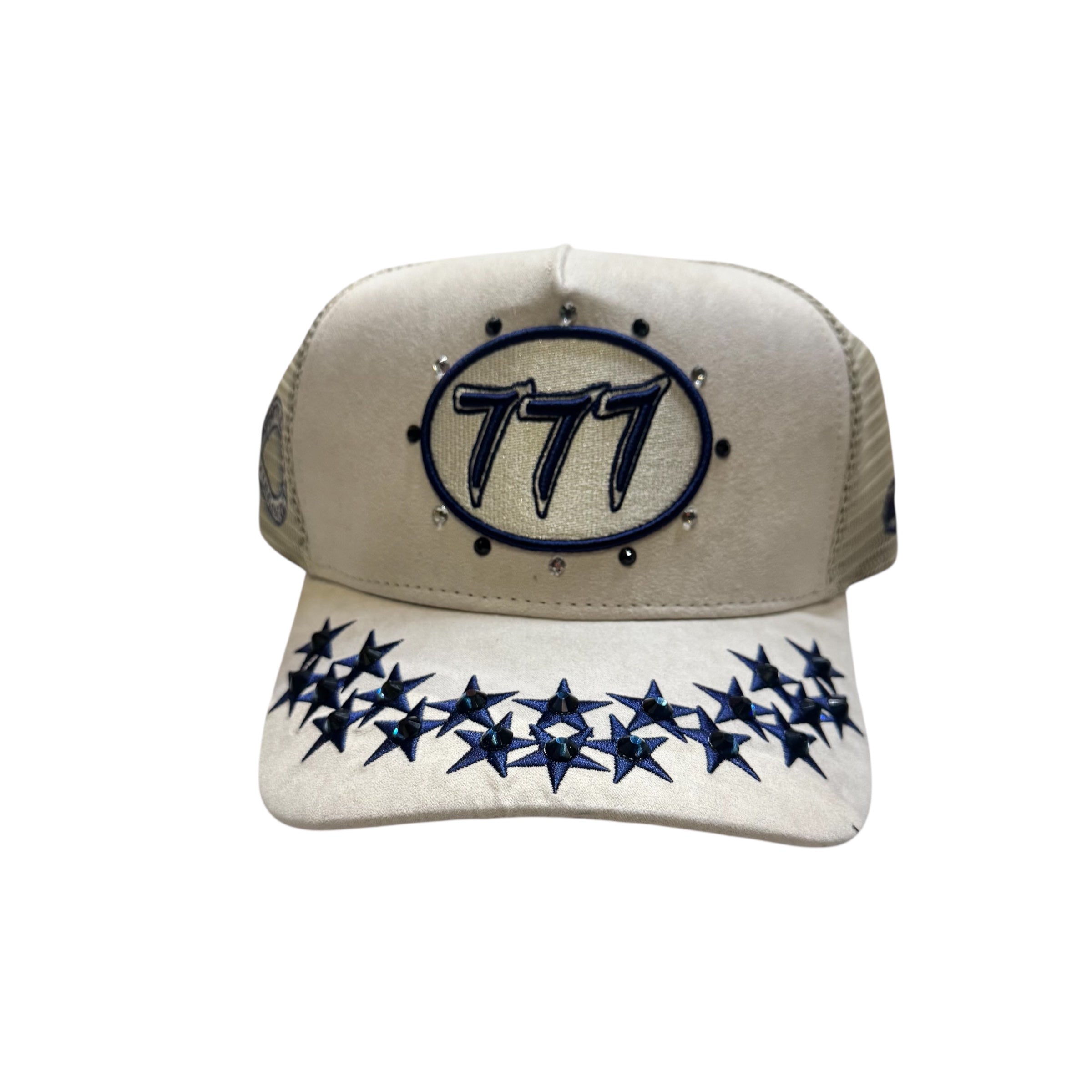 Hudson-Rhinestone Suede 777 Trucker Hat-Cream/Navy
