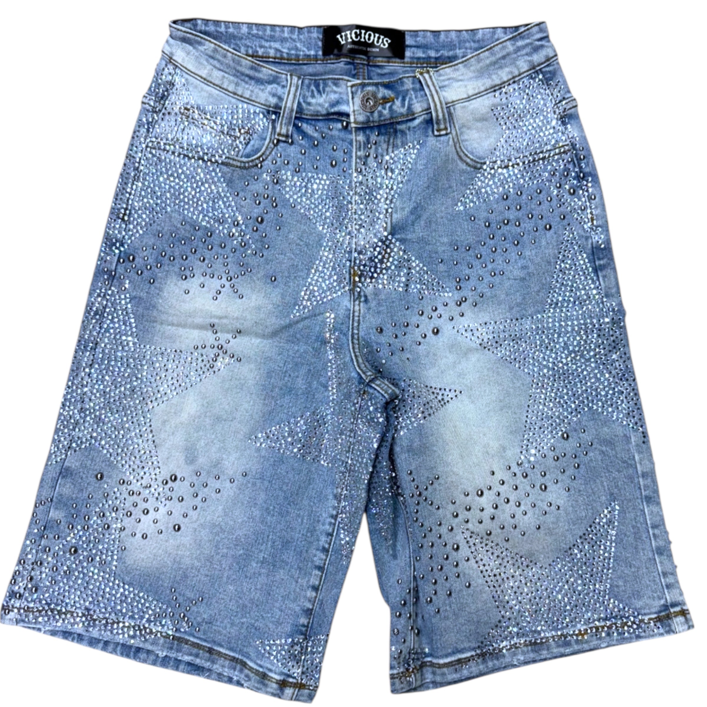 Vicious Rhinestone STAR Denim Shorts Blue VC826