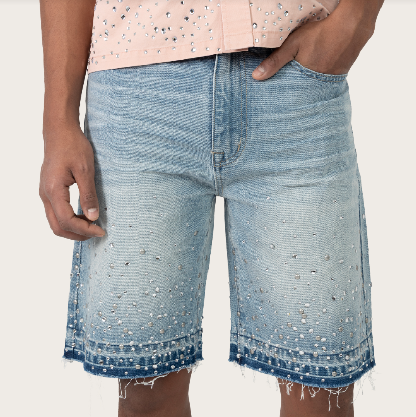 Rise  - Mixed Stud Denim Shorts - Mar.Blue - S496