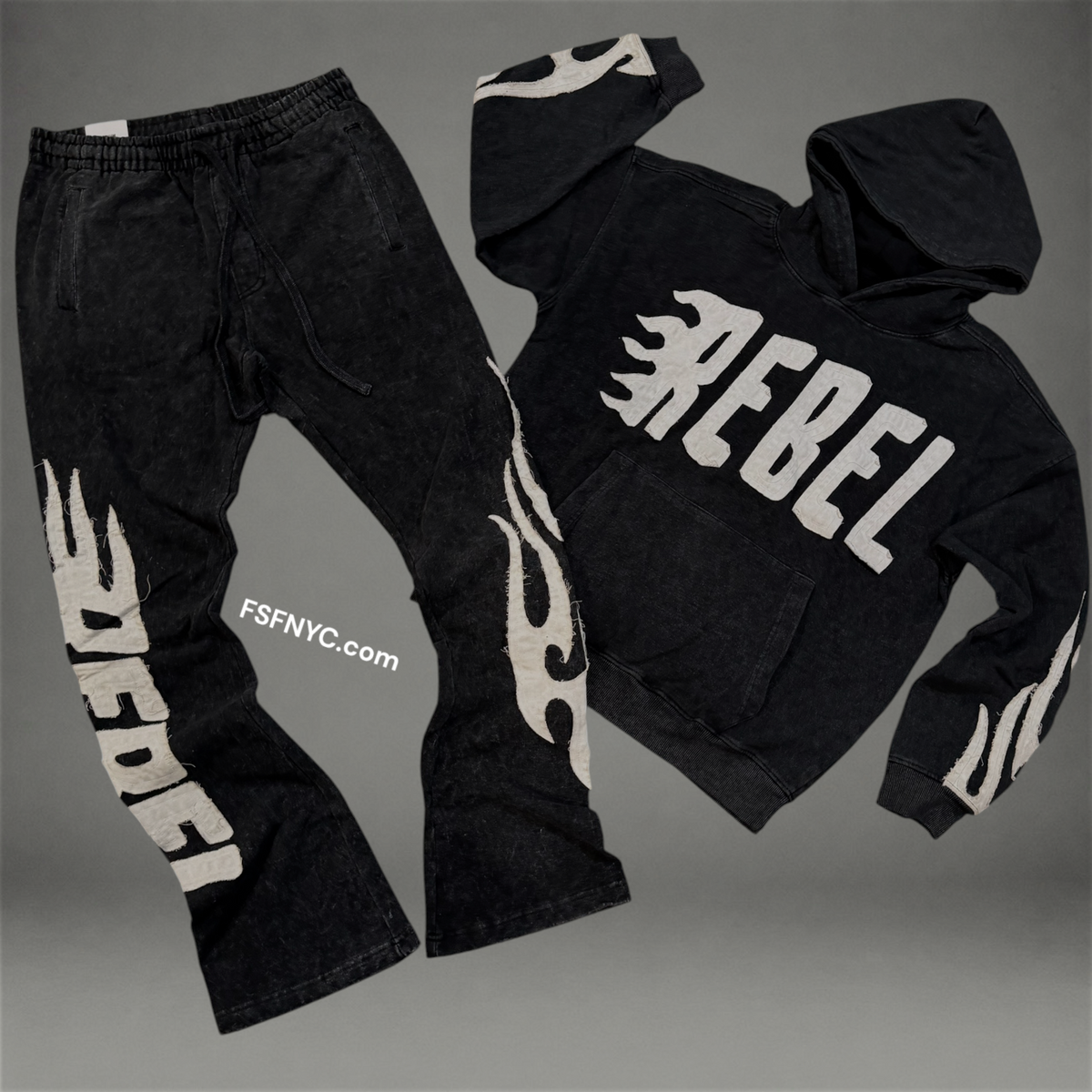 Rebel - SET - Acid Wash  Flame sweat suit - Black