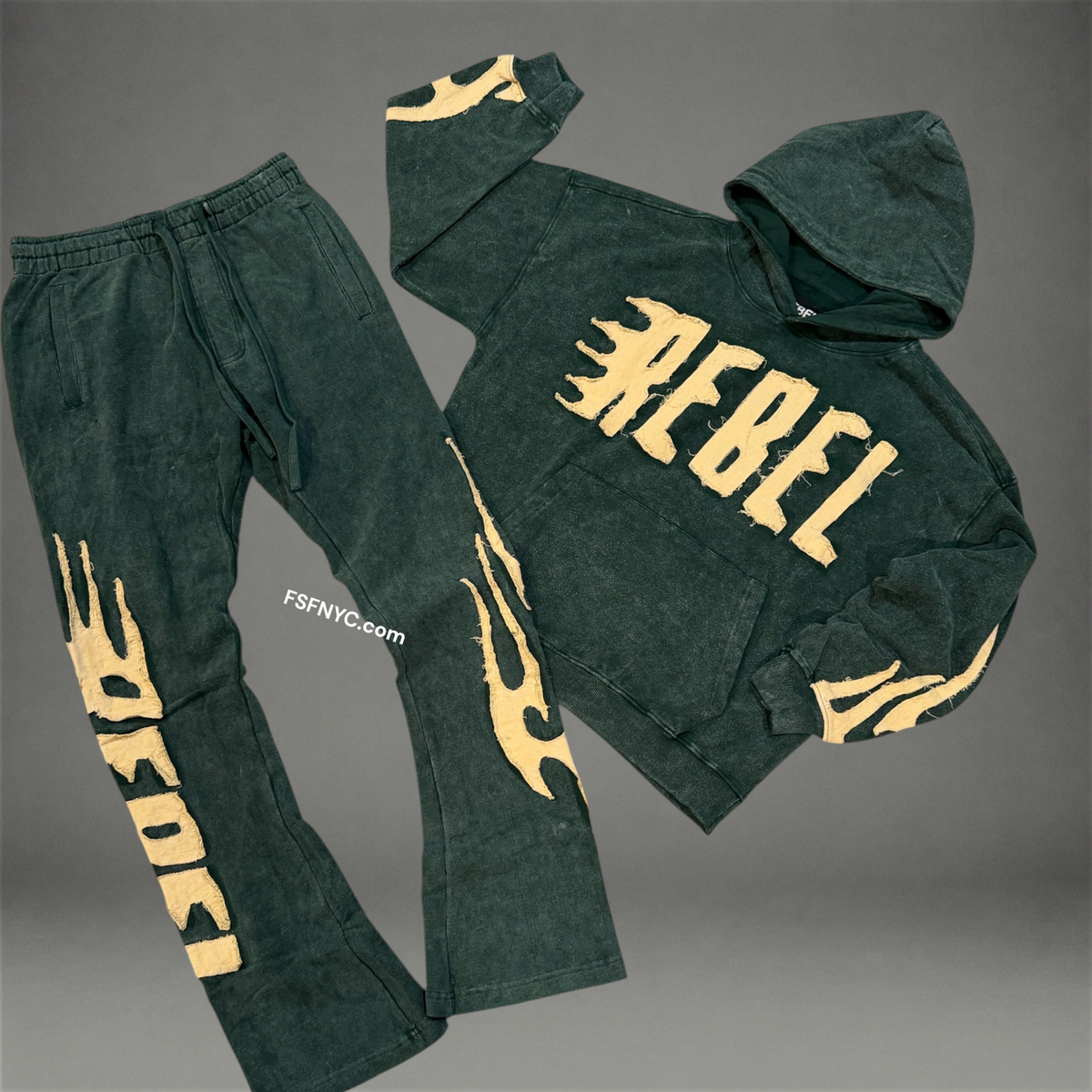Rebel - SET - Acid Wash  Flame sweat suit - Hunter.G