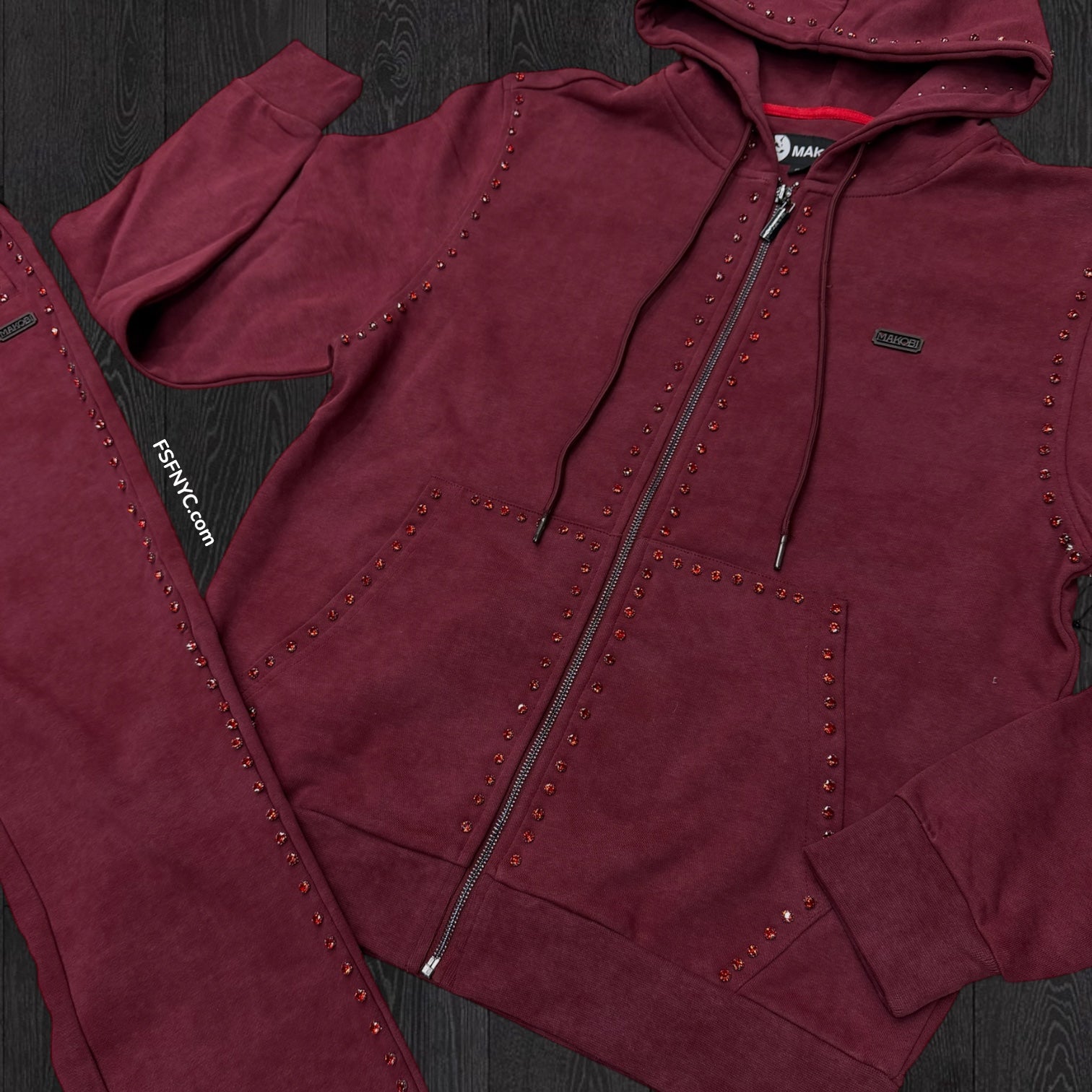 FO - Stacked Crystal Zip Sweat suit - Maroon