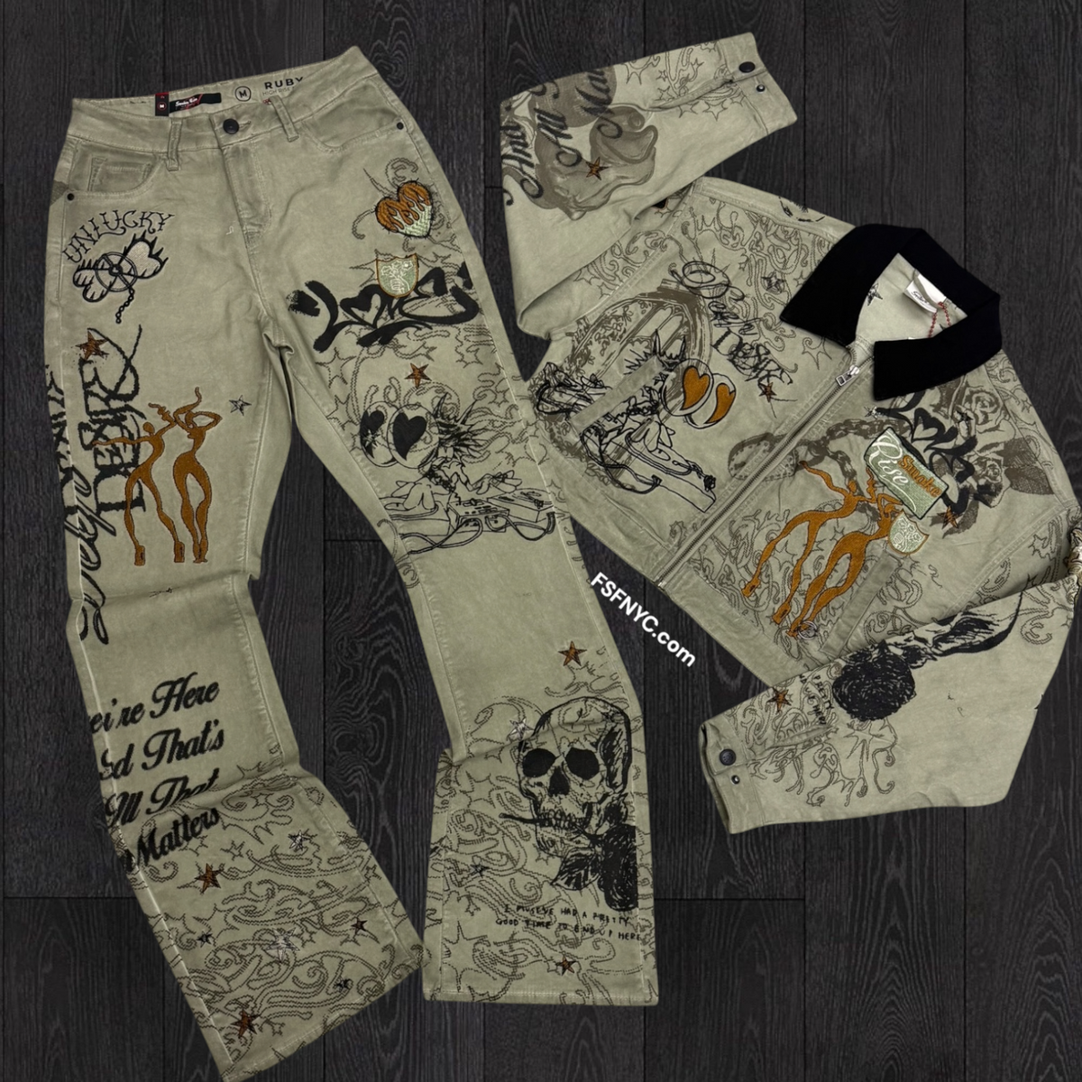Women- Embroidered Denim Set - Tea Green F326
